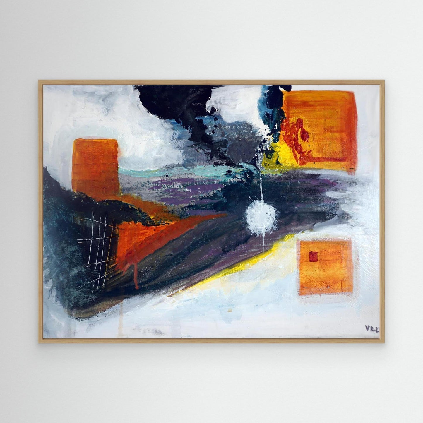 Abstract acrylic painting with orange geometric forms, central glowing shape, and black smoke-like streaks, by Vilda Rosenblad.