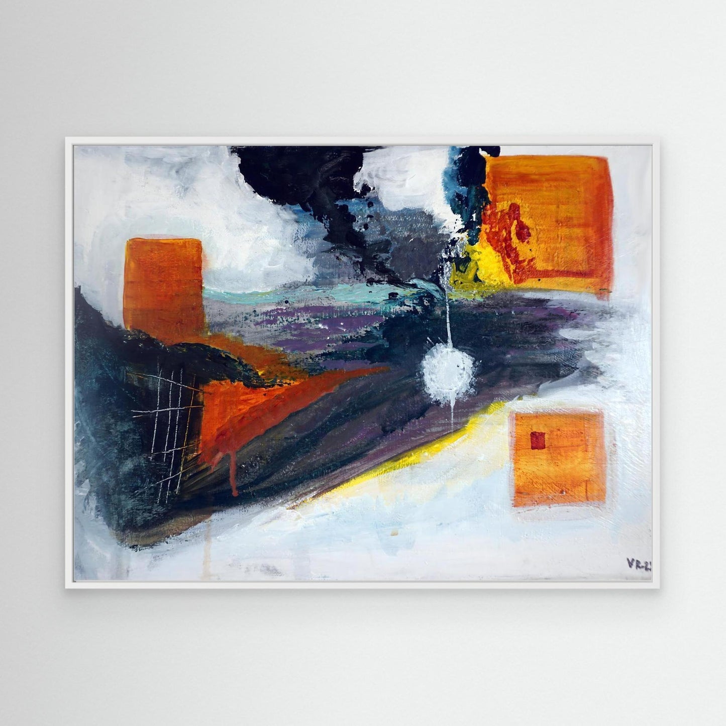 Abstract acrylic painting with orange geometric forms, central glowing shape, and black smoke-like streaks, by Vilda Rosenblad.