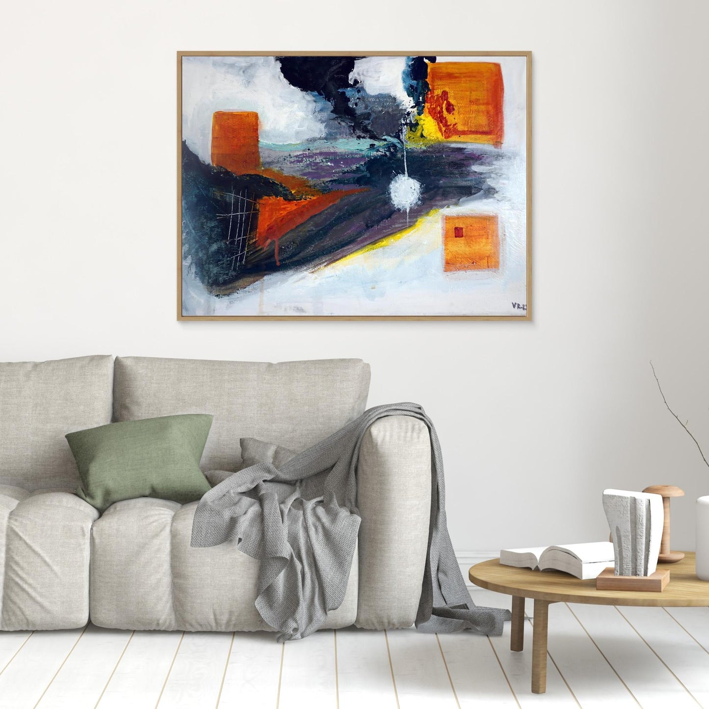 Abstract acrylicpainting with orange geometric forms, central glowing shape, and black smoke-like streaks, by Vilda Rosenblad.