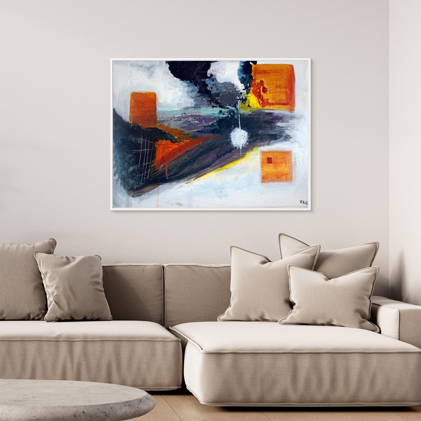 Abstract acrylic painting with orange geometric forms, central glowing shape, and black smoke-like streaks, by Vilda Rosenblad.