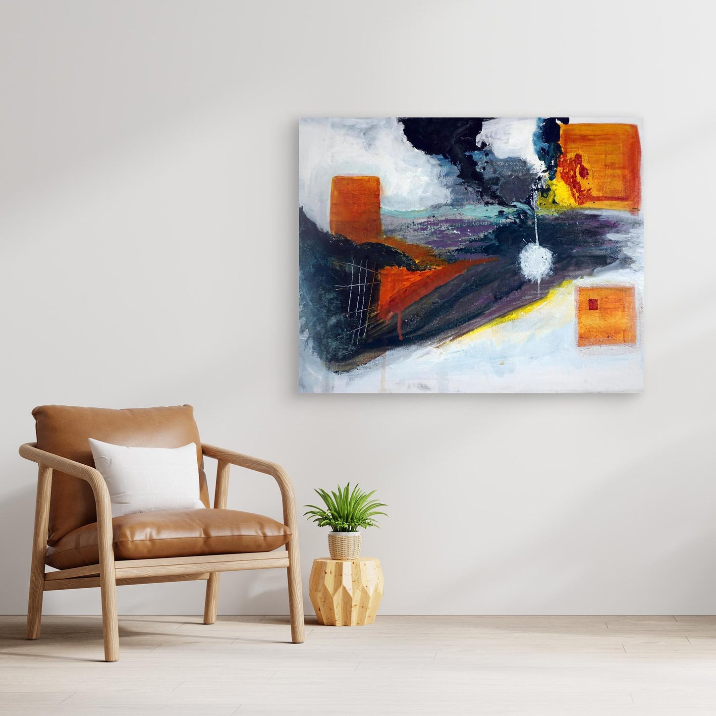 Abstract abstractpainting with orange geometric forms, central glowing shape, and black smoke-like streaks, by Vilda Rosenblad.