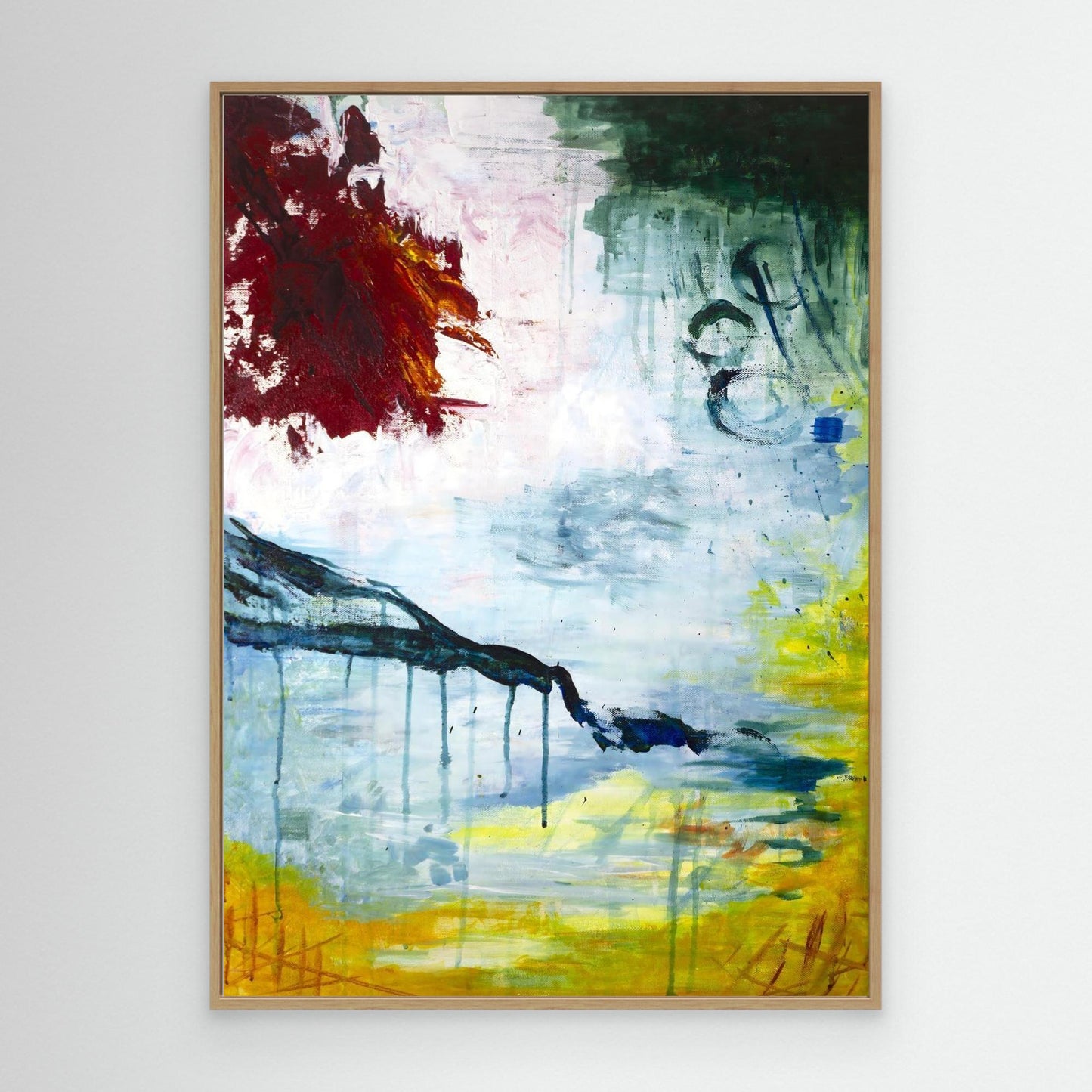 Abstract acrylic painting with red, green, and yellow brushwork, expressive Nordic artwork on canvas by Vilda Rosenblad.