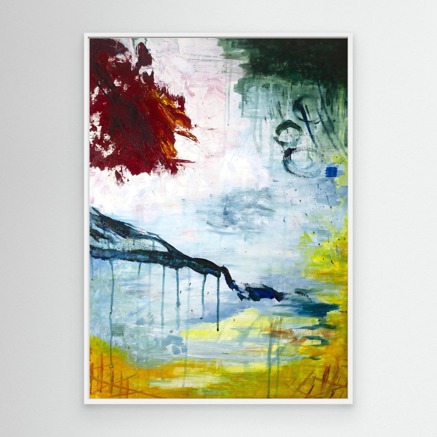 Abstract acrylic painting with red, green, and yellow brushwork, expressive Nordic artwork on canvas by Vilda Rosenblad.