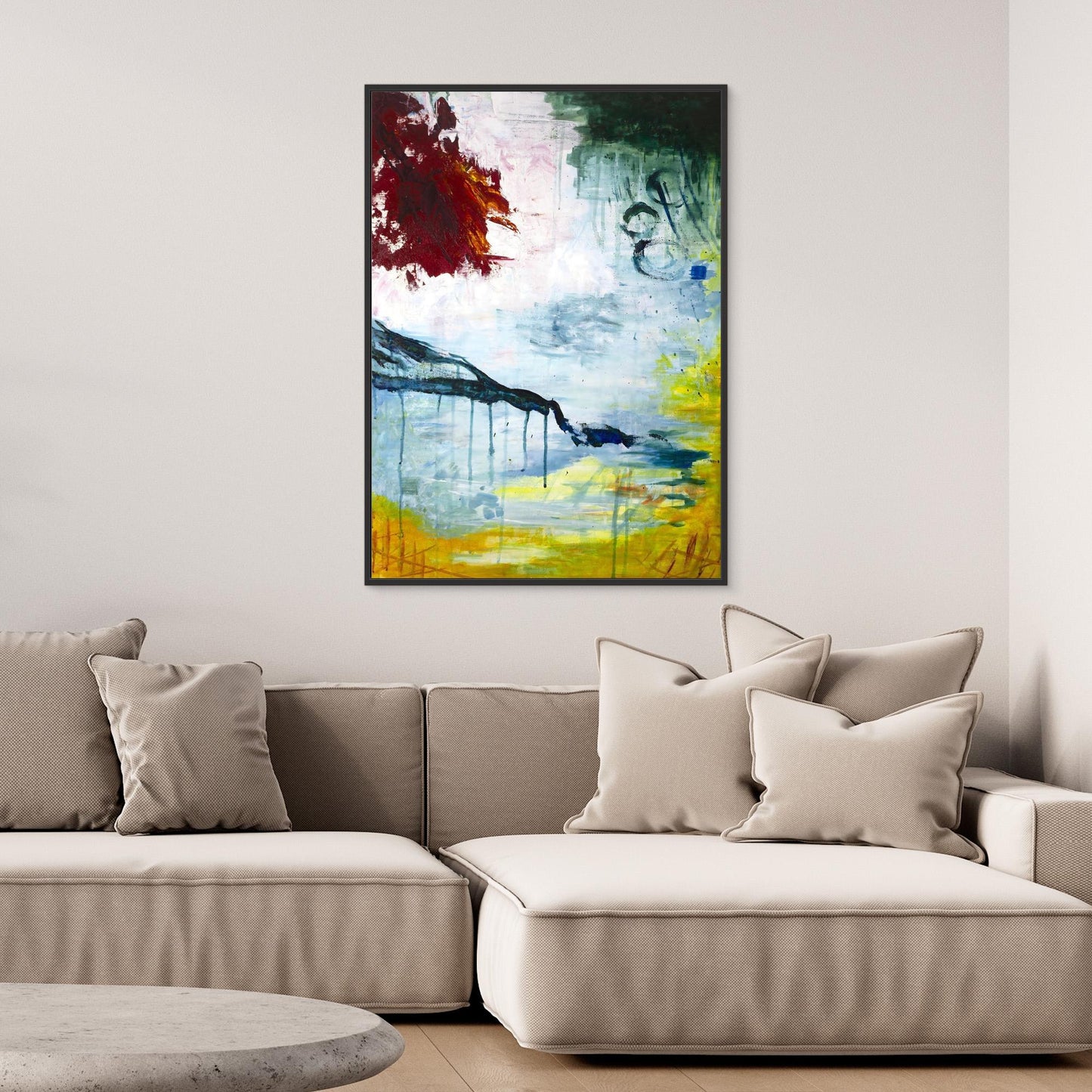 After Abstract acrylic painting with red, green, and yellow brushwork, expressive Nordic artwork on canvas by Vilda Rosenblad.Burst