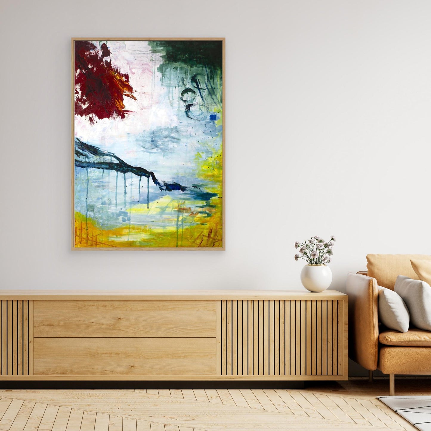 Abstract acrylic painting with red, green, and yellow brushwork, expressive Nordic artwork on canvas by Vilda Rosenblad.