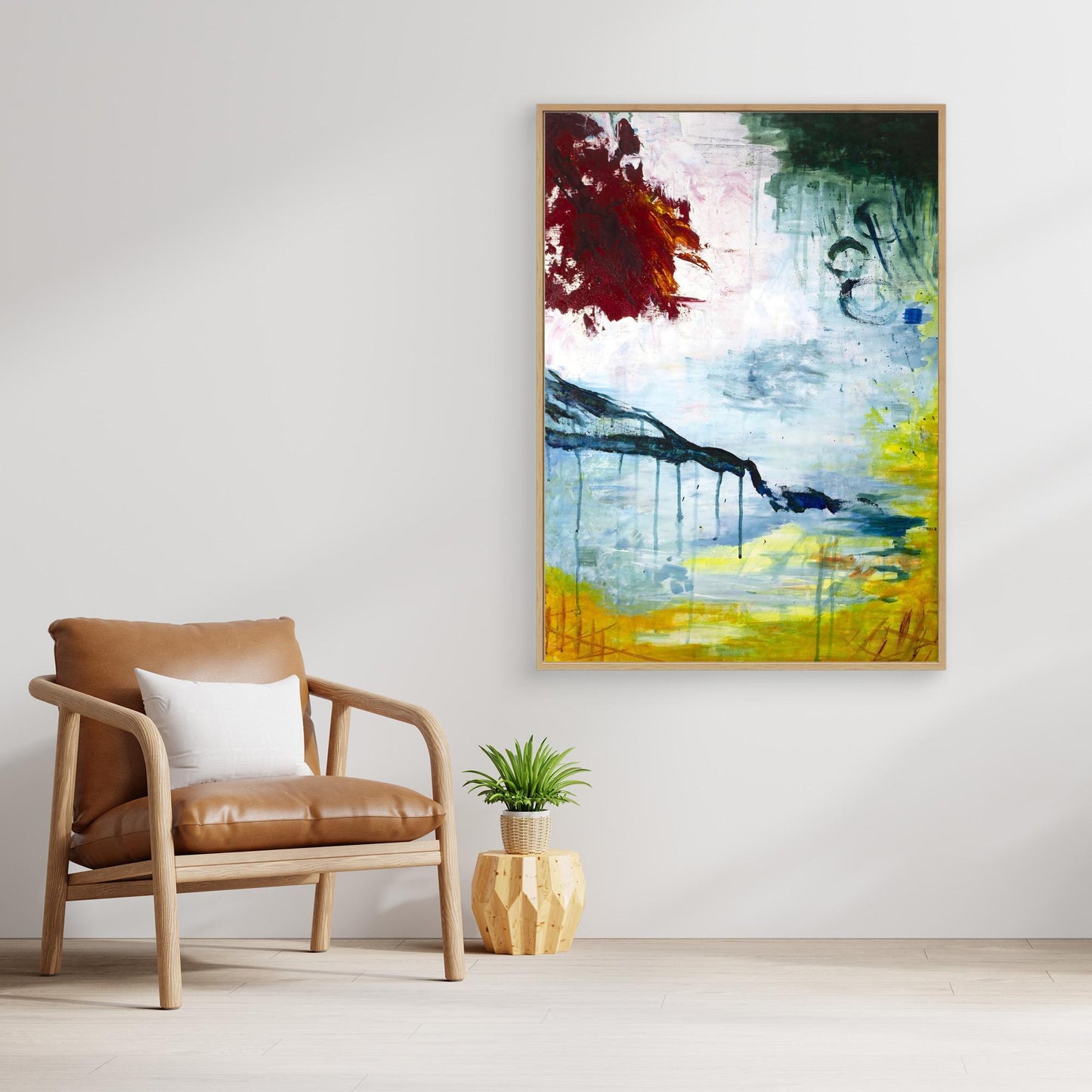 Abstract acrylic painting with red, green, and yellow brushwork, expressive Nordic artwork on canvas by Vilda Rosenblad.