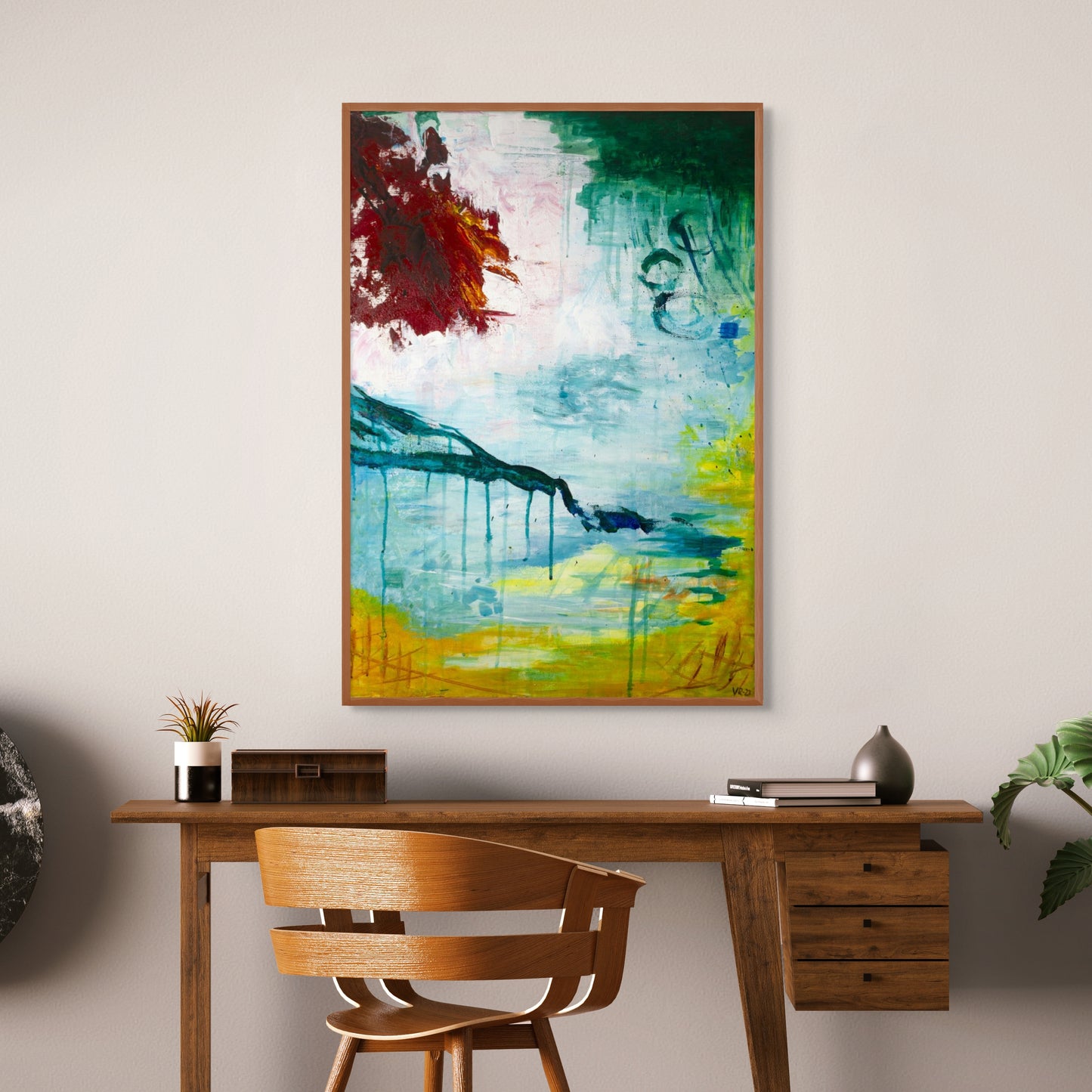 Abstract acrylic painting with red, green, and yellow brushwork, expressive Nordic artwork on canvas by Vilda Rosenblad.