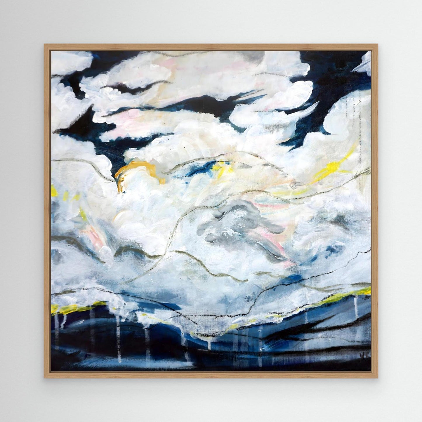 Abstract oil painting with cloudscape and layered brushwork, inspired by Nordic landscape, by Vilda Rosenblad.