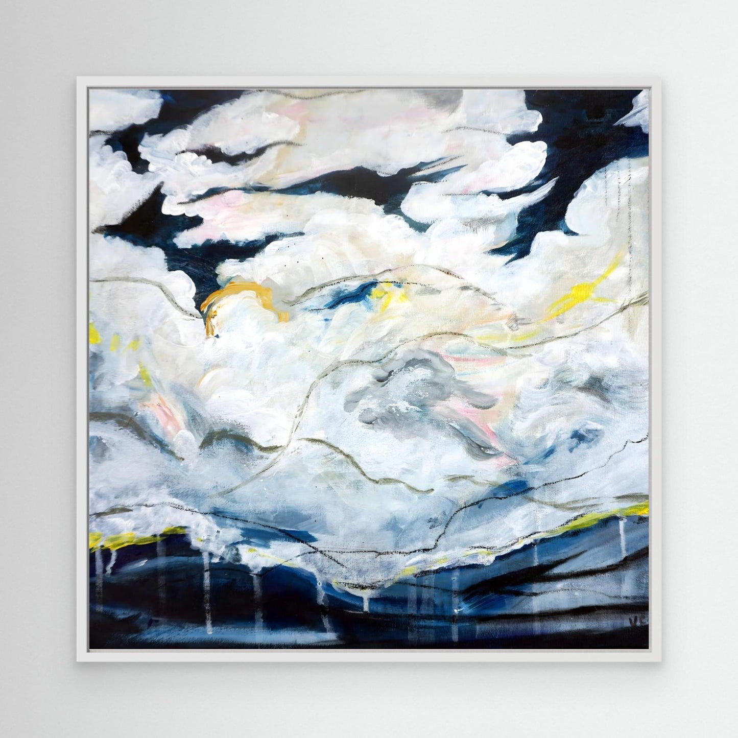 Abstract oil painting with cloudscape and layered brushwork, inspired by Nordic landscape, by Vilda Rosenblad.