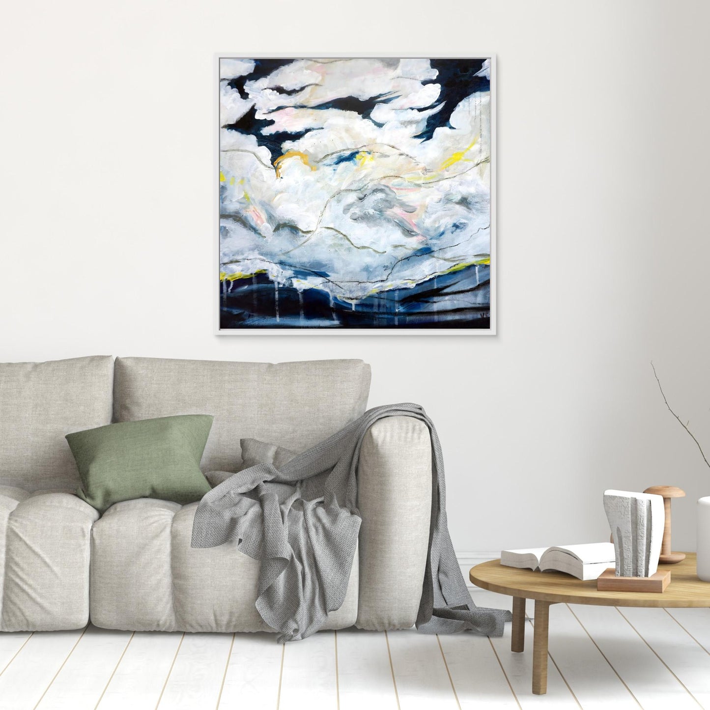 Abstract oil painting with cloudscape and layered brushwork, inspired by Nordic landscape, by Vilda Rosenblad.