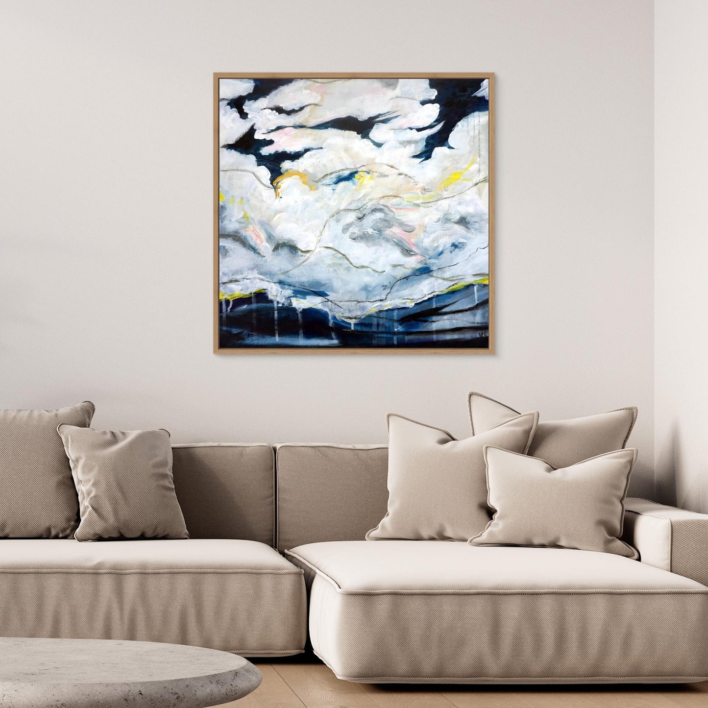 Abstract oil painting with cloudscape and layered brushwork, inspired by Nordic landscape, by Vilda Rosenblad.