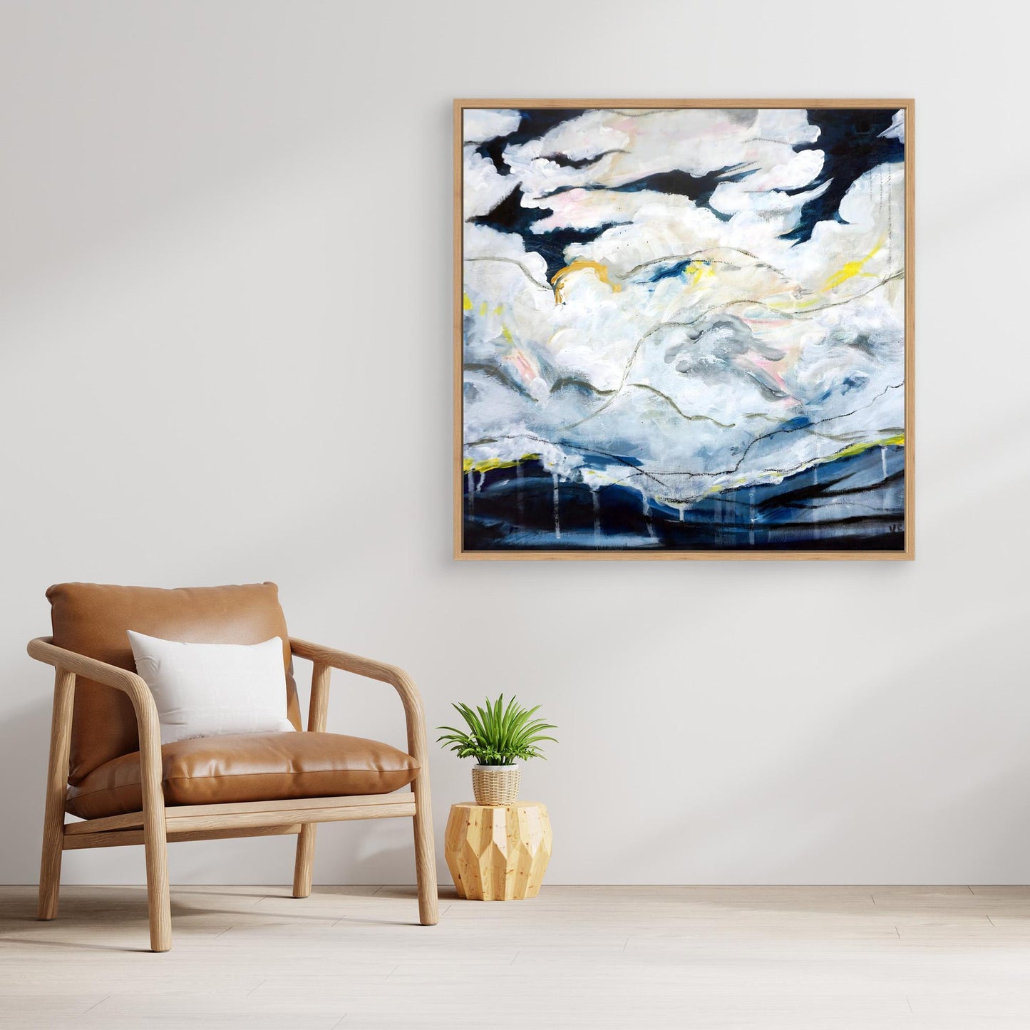 Abstract oil painting with cloudscape and layered brushwork, inspired by Nordic landscape, by Vilda Rosenblad.