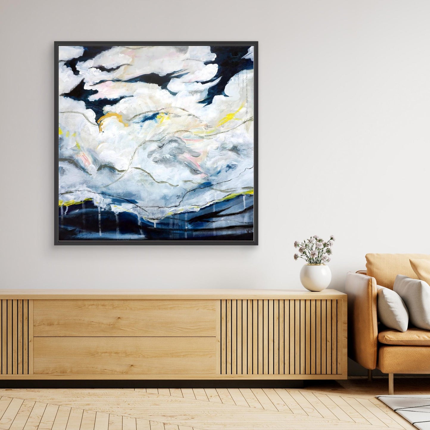 Abstract oil painting with cloudscape and layered brushwork, inspired by Nordic landscape, by Vilda Rosenblad.
