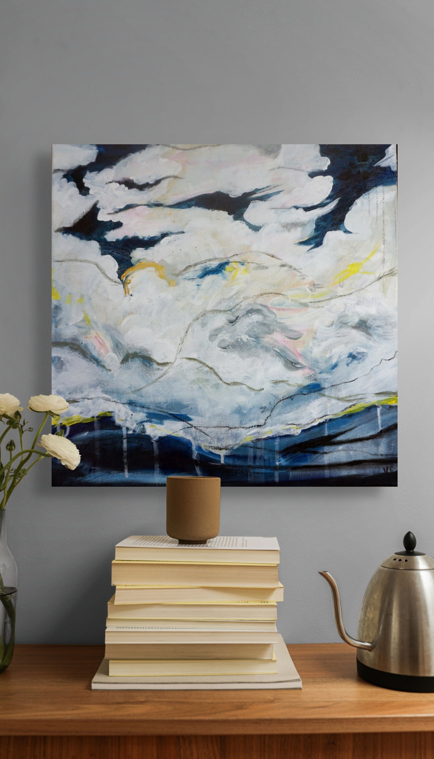 Abstract oil painting with cloudscape and layered brushwork, inspired by Nordic landscape, by Vilda Rosenblad.
