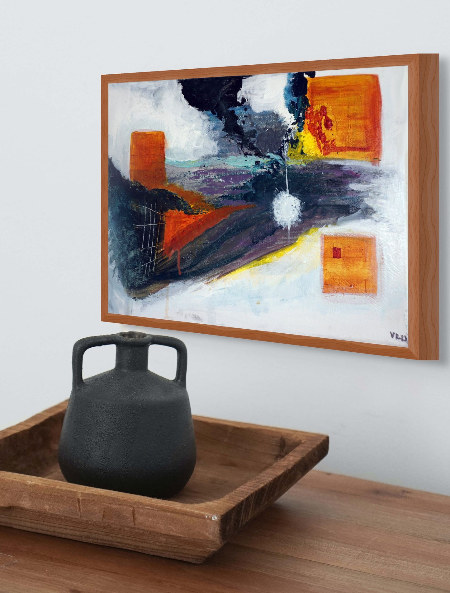 Abstract acrylic painting with orange geometric forms, central glowing shape, and black smoke-like streaks, by Vilda Rosenblad.
