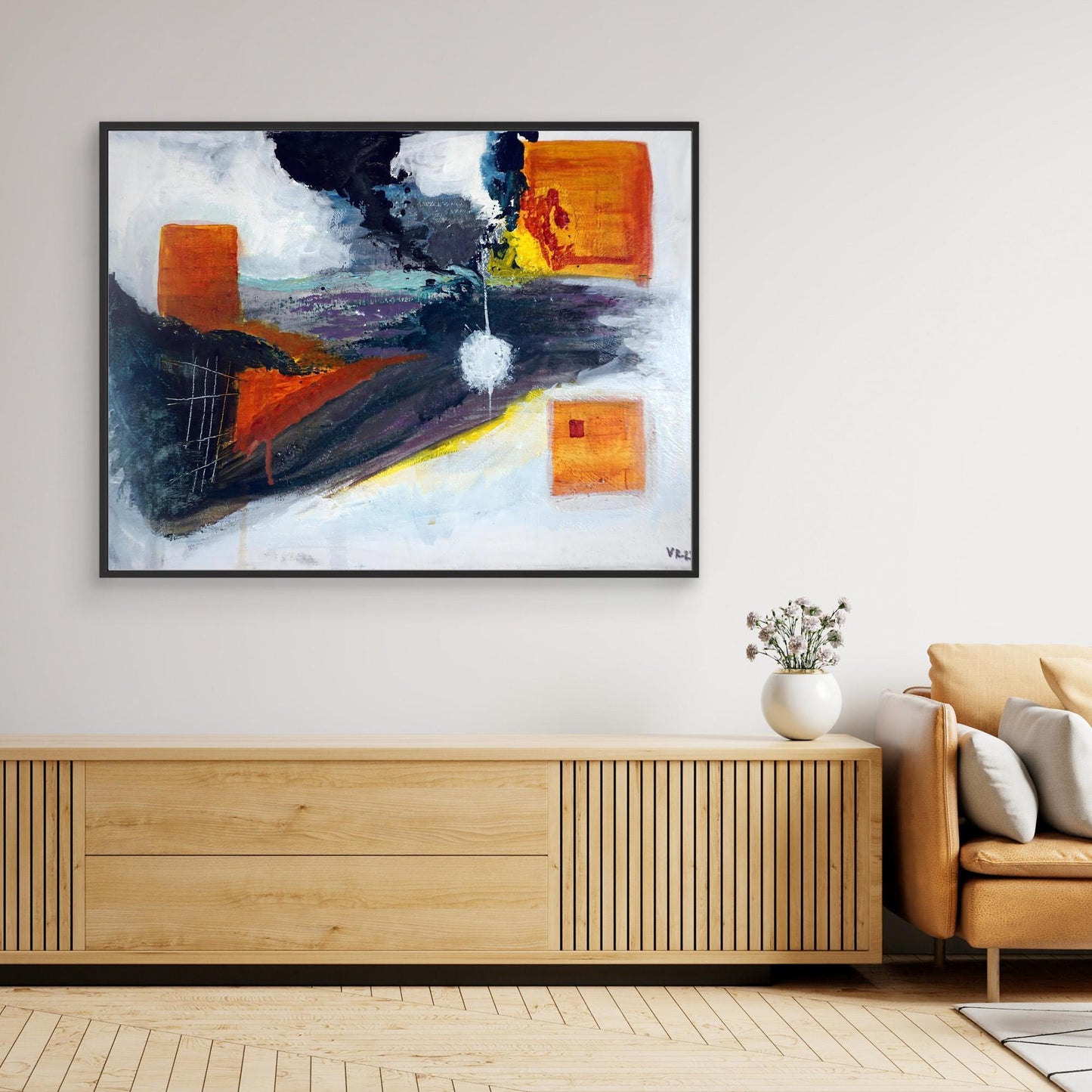 Abstract acrylic painting with orange geometric forms, central glowing shape, and black smoke-like streaks, by Vilda Rosenblad.