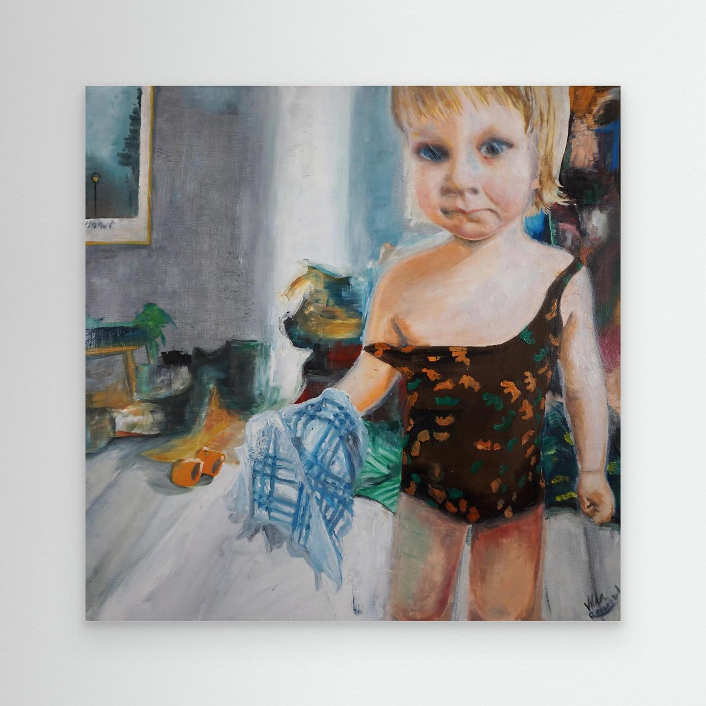 Oil painting of child in swimsuit holding towel, preparing for the beach, figurative Scandinavian art by Vilda Rosenblad.