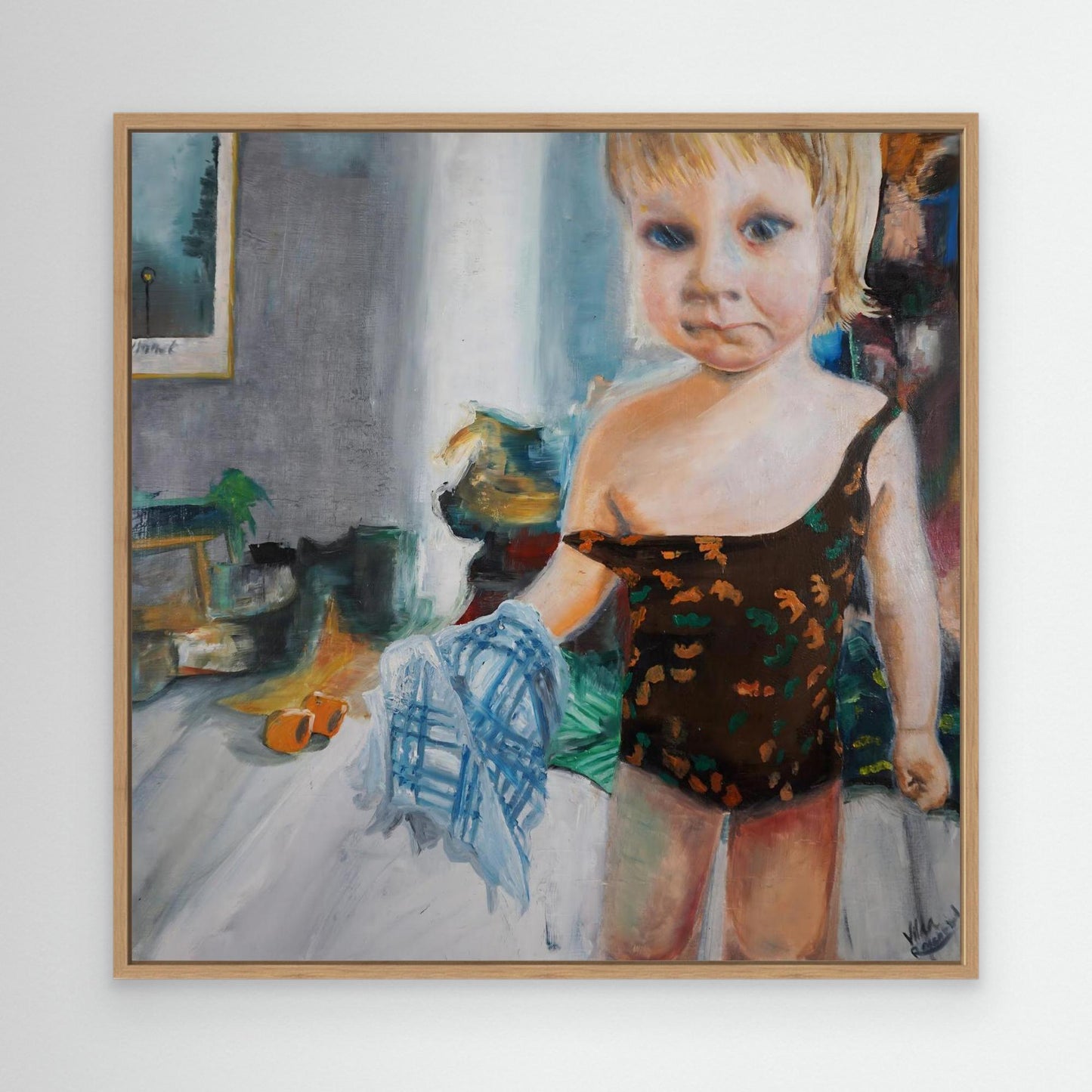 Oil painting of child in swimsuit holding towel, preparing for the beach, figurative Scandinavian art by Vilda Rosenblad.