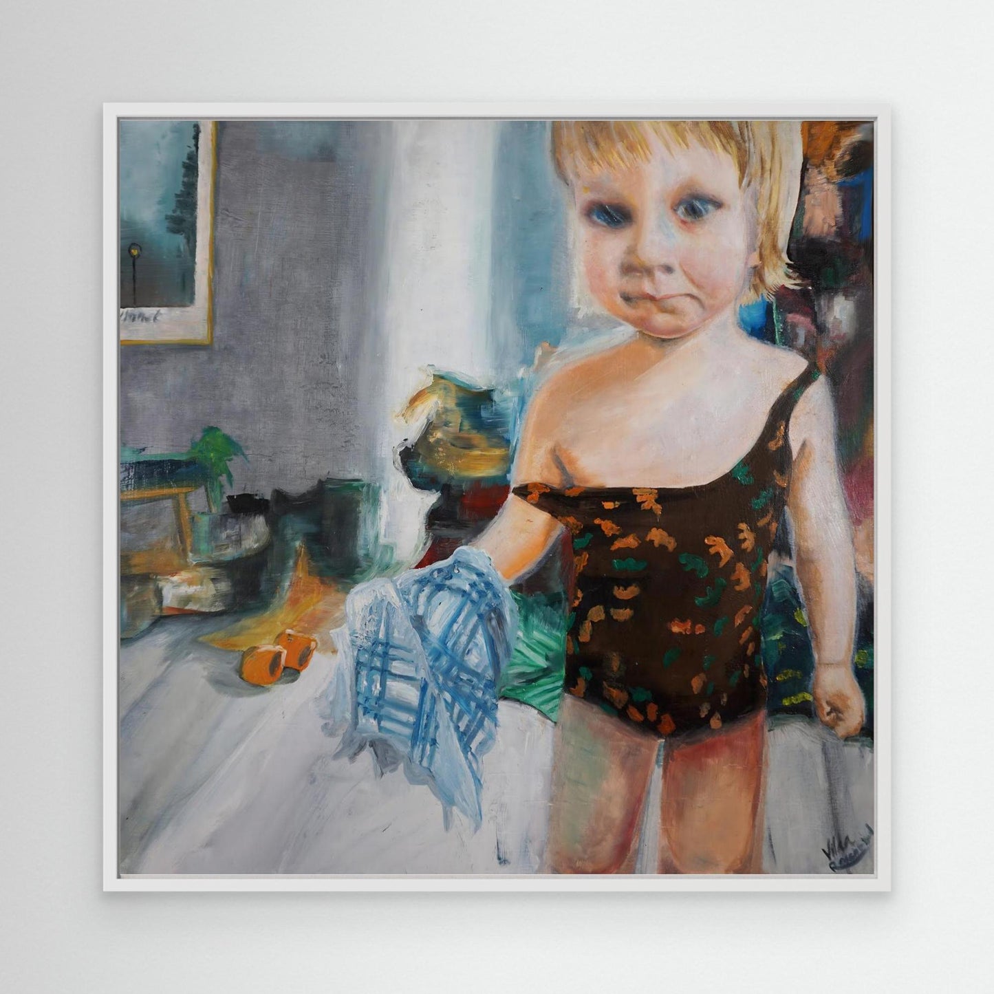 Oil painting of child in swimsuit holding towel, preparing for the beach, figurative Scandinavian art by Vilda Rosenblad.