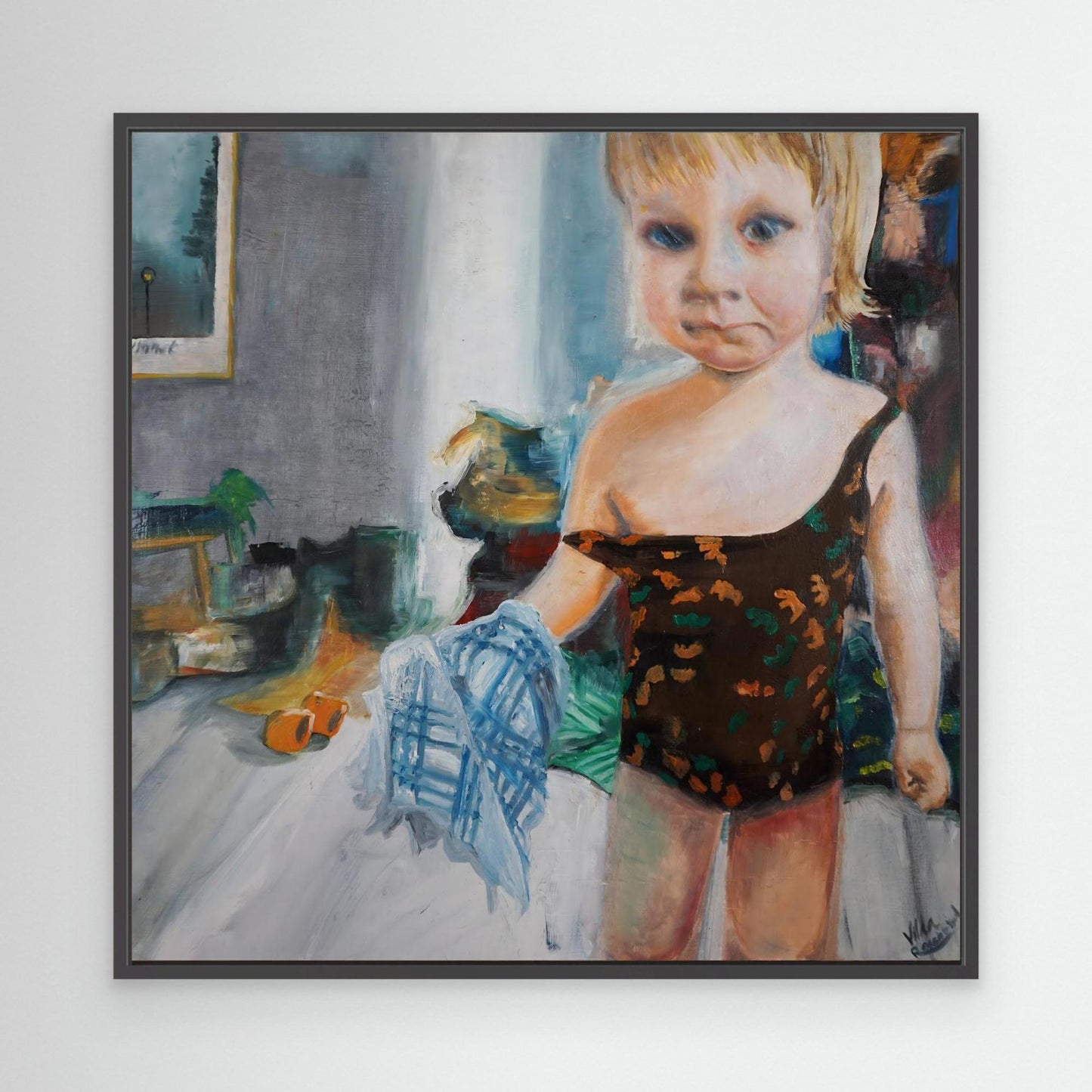 Oil painting of child in swimsuit holding towel, preparing for the beach, figurative Scandinavian art by Vilda Rosenblad.