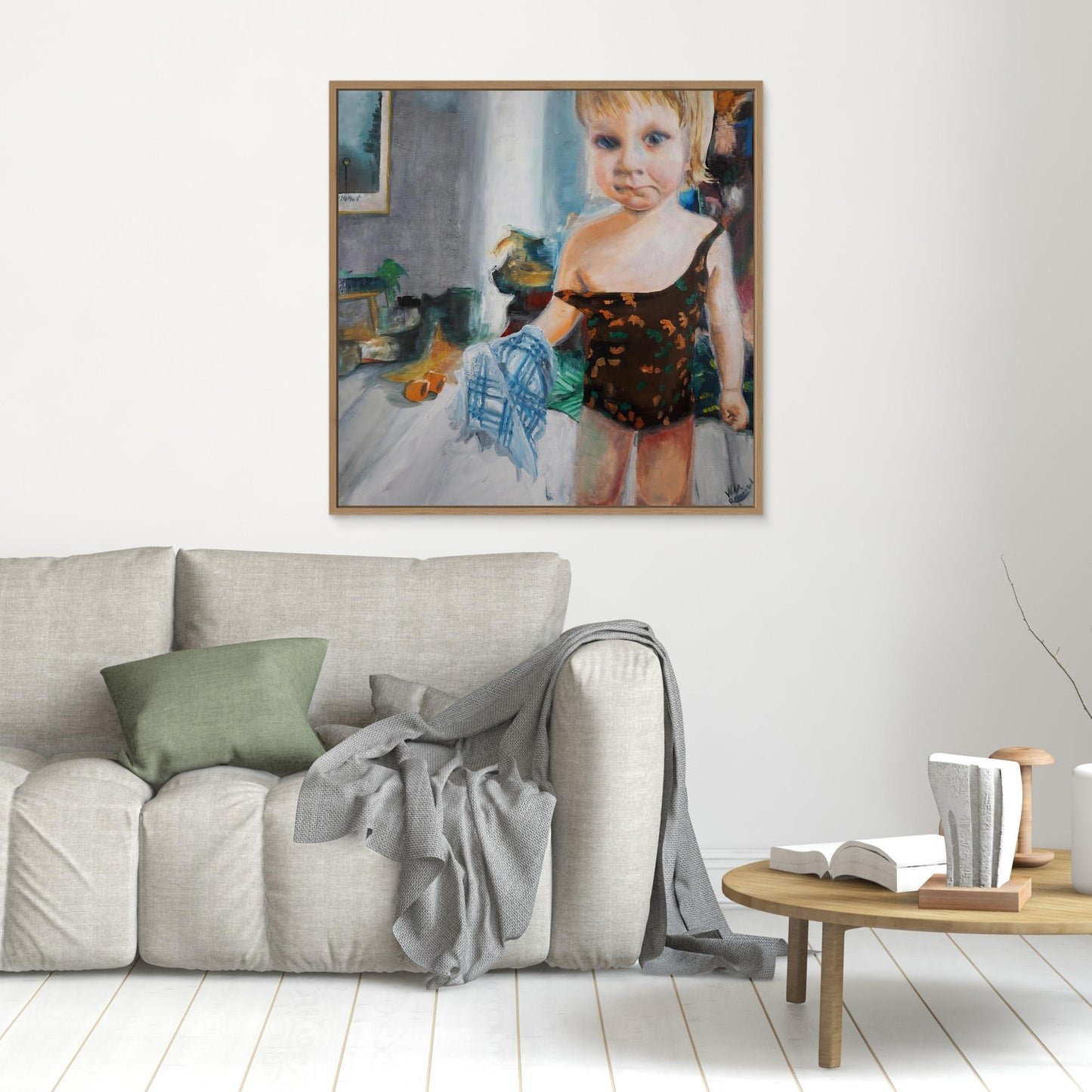 Oil painting of child in swimsuit holding towel, preparing for the beach, figurative Scandinavian art by Vilda Rosenblad.