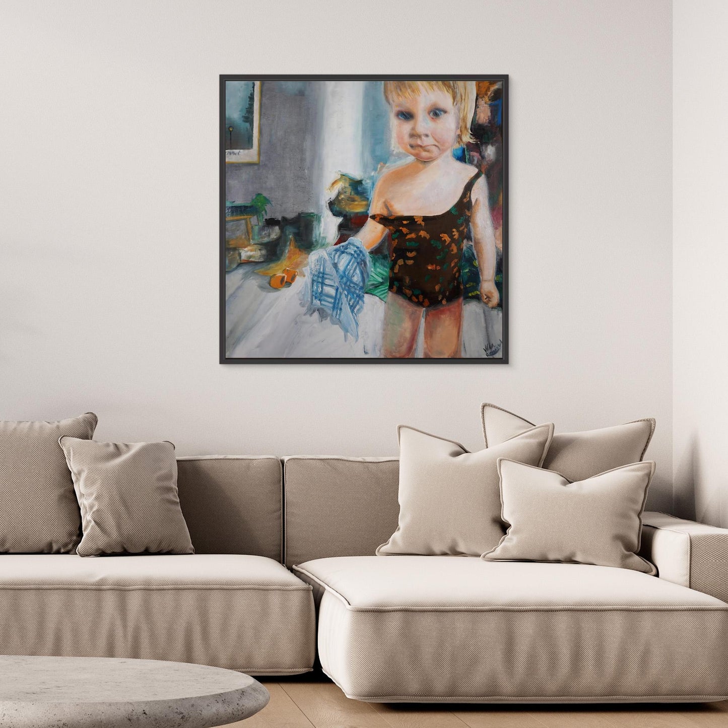 Oil painting of child in swimsuit holding towel, preparing for the beach, figurative Scandinavian art by Vilda Rosenblad.