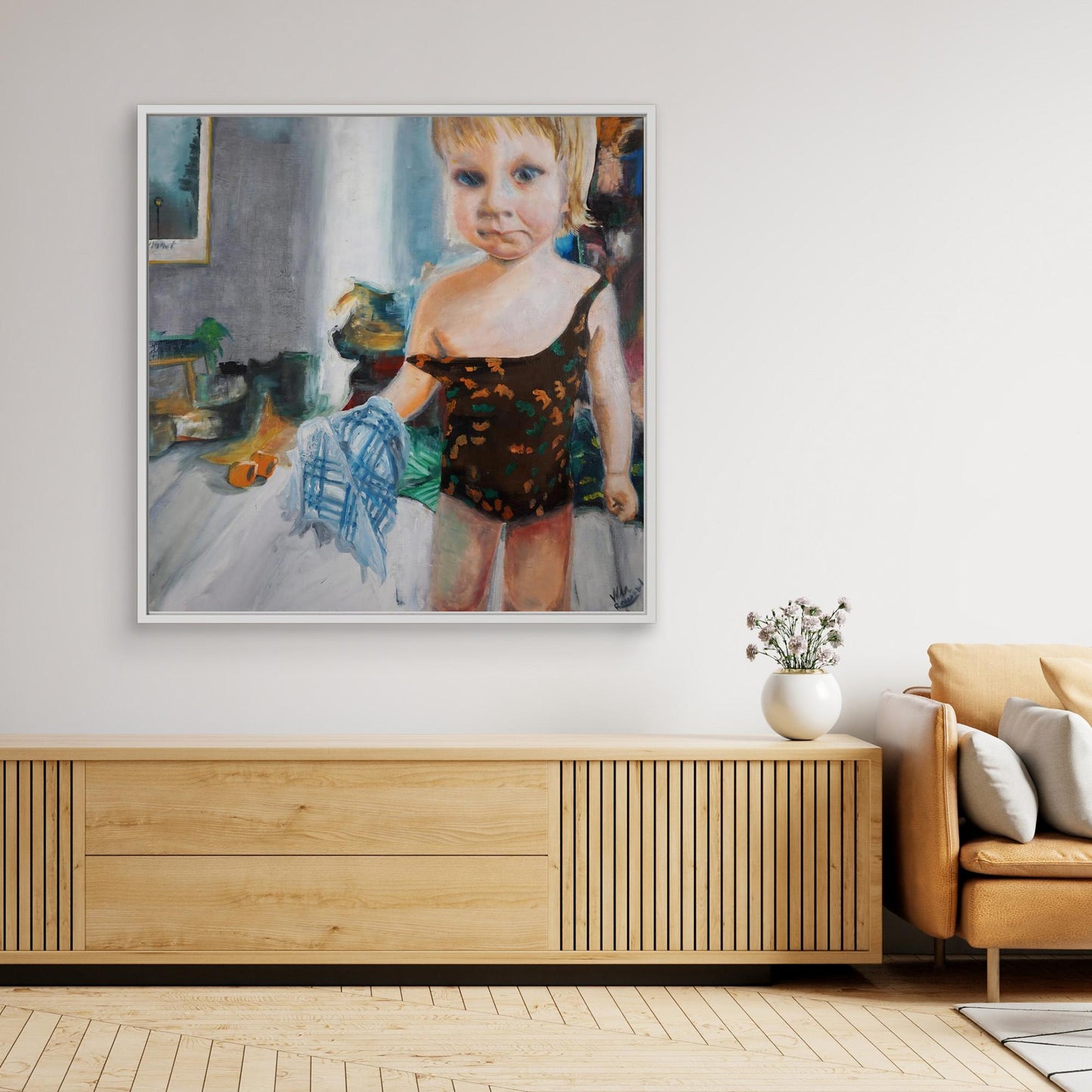 Oil painting of child in swimsuit holding towel, preparing for the beach, figurative Scandinavian art by Vilda Rosenblad.