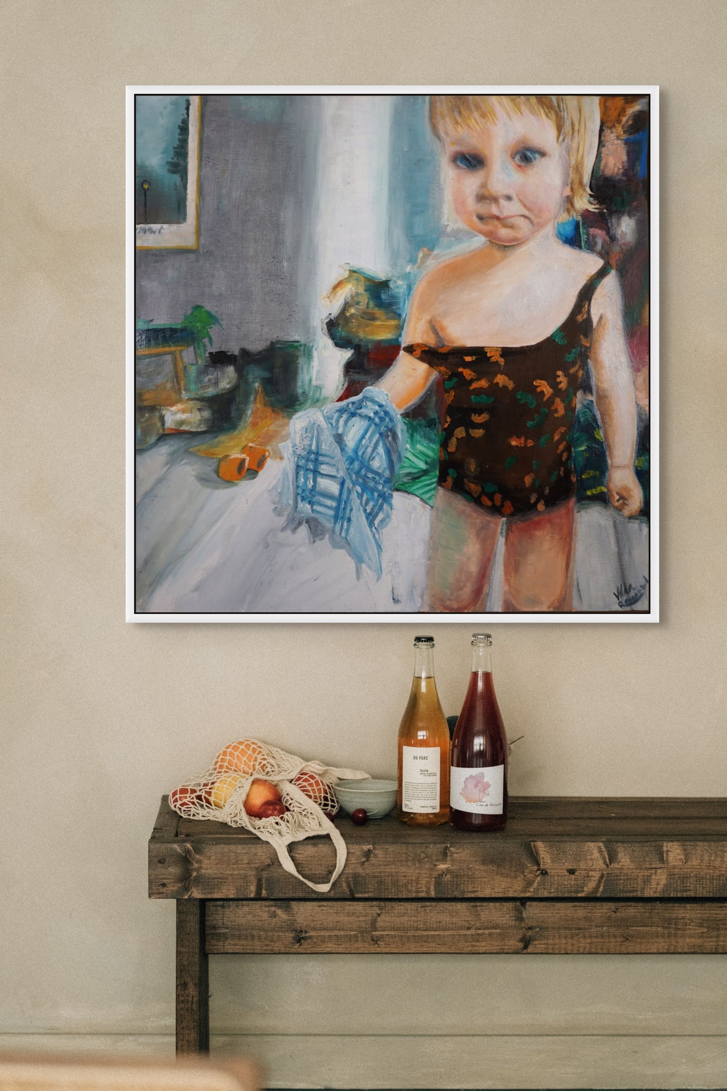Oil painting of child in swimsuit holding towel, preparing for the beach, figurative Scandinavian art by Vilda Rosenblad.