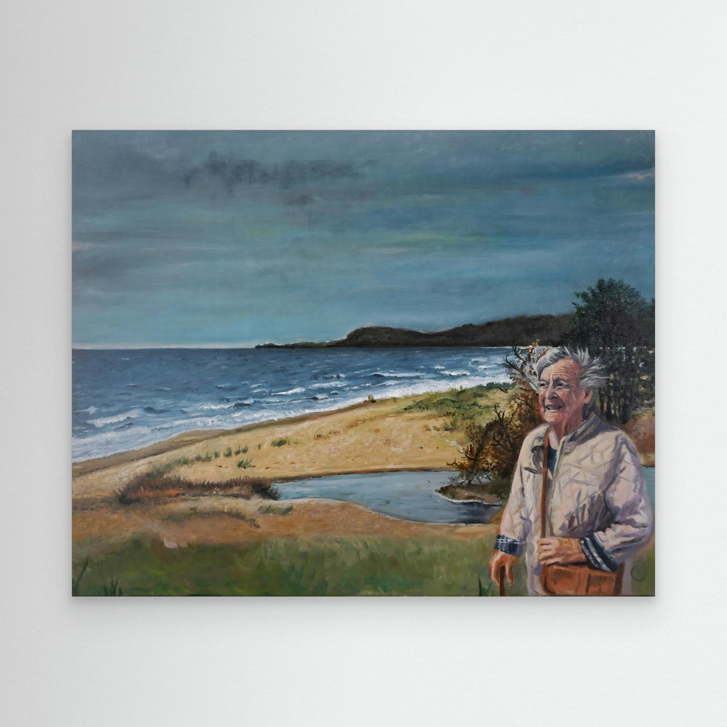 Original oil painting of happy elderly woman walking by the sea, Scandinavian coastline, figurative art by Vilda Rosenblad.