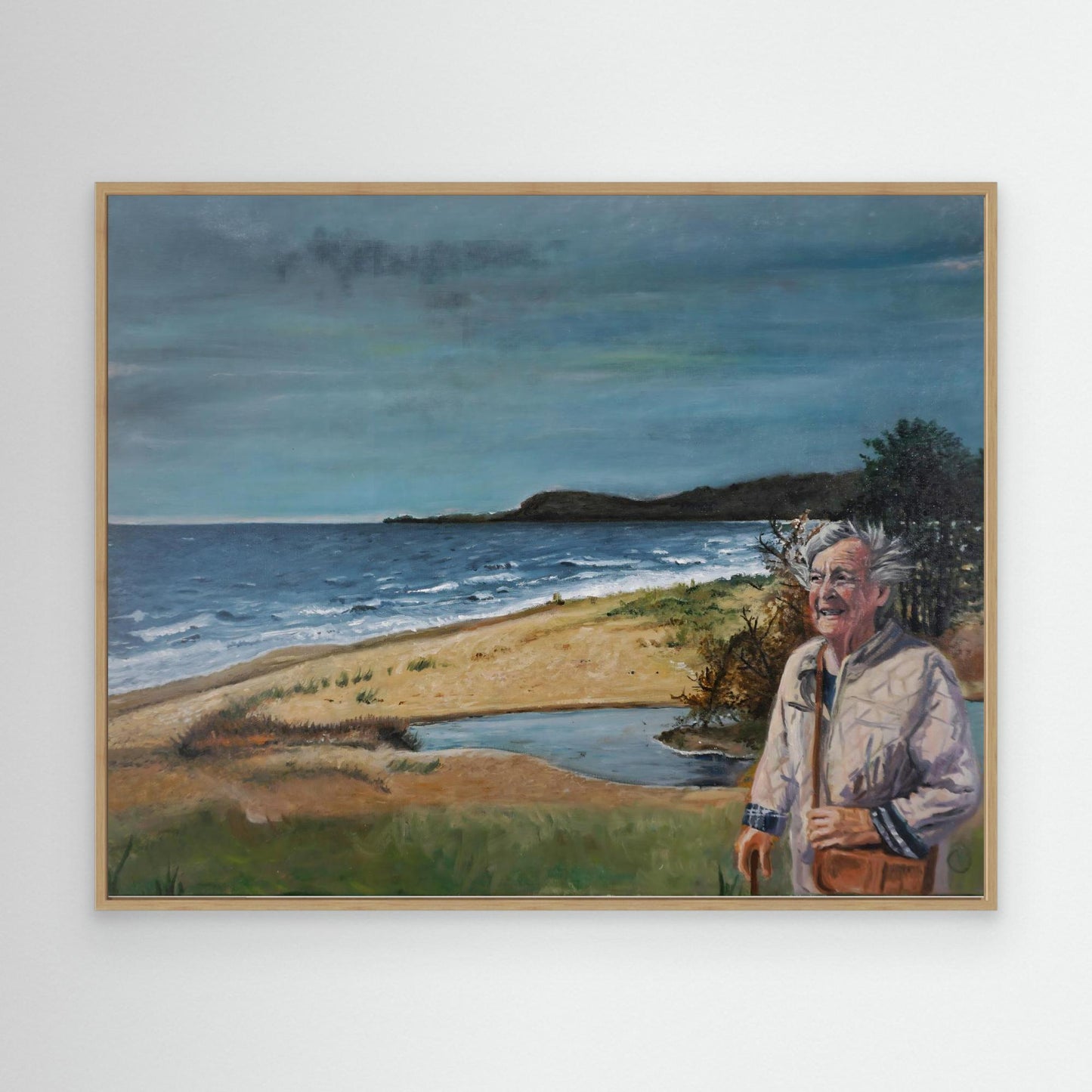 Original oil painting of happy elderly woman walking by the sea, Scandinavian coastline, figurative art by Vilda Rosenblad.