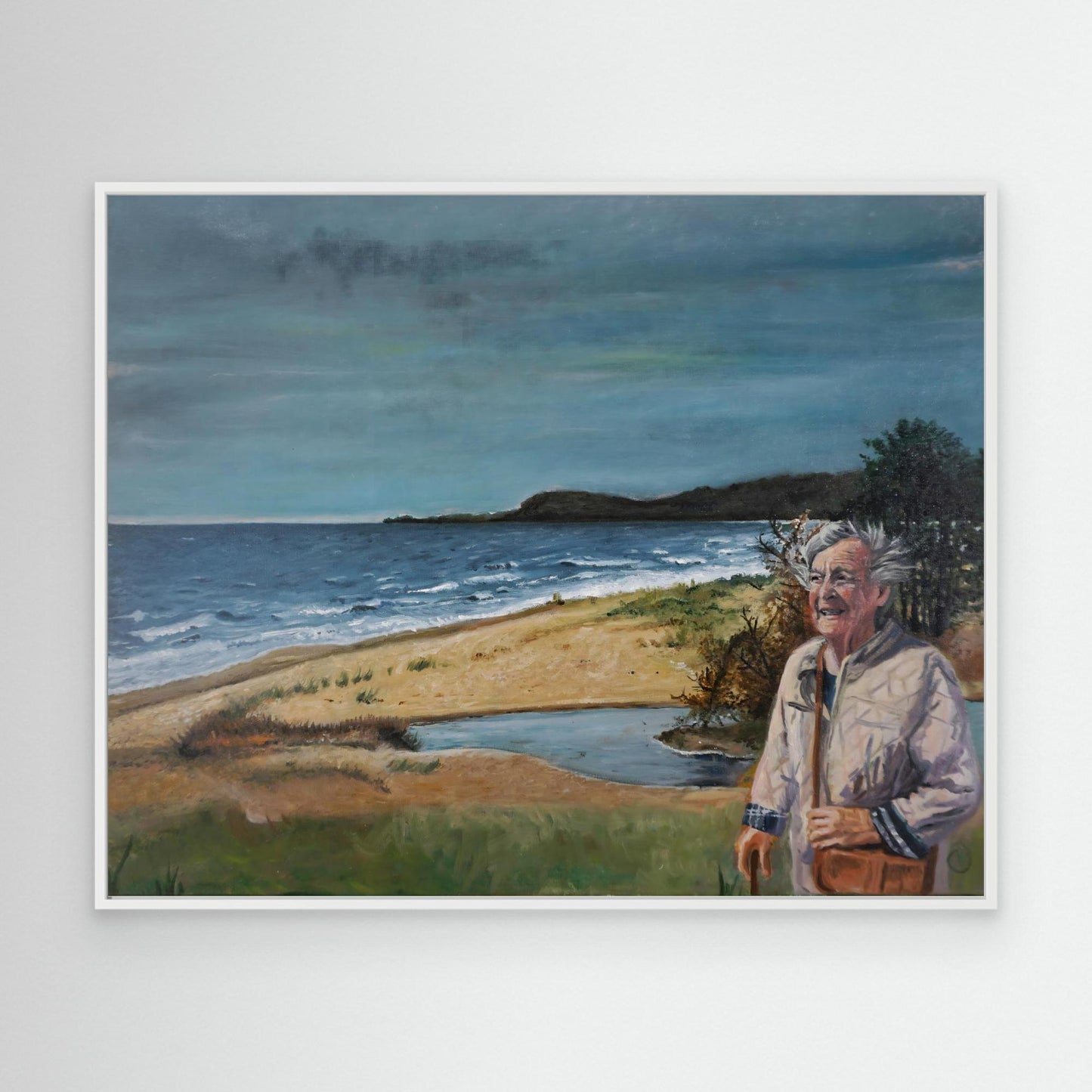 Original oil painting of happy elderly woman walking by the sea, Scandinavian coastline, figurative art by Vilda Rosenblad.
