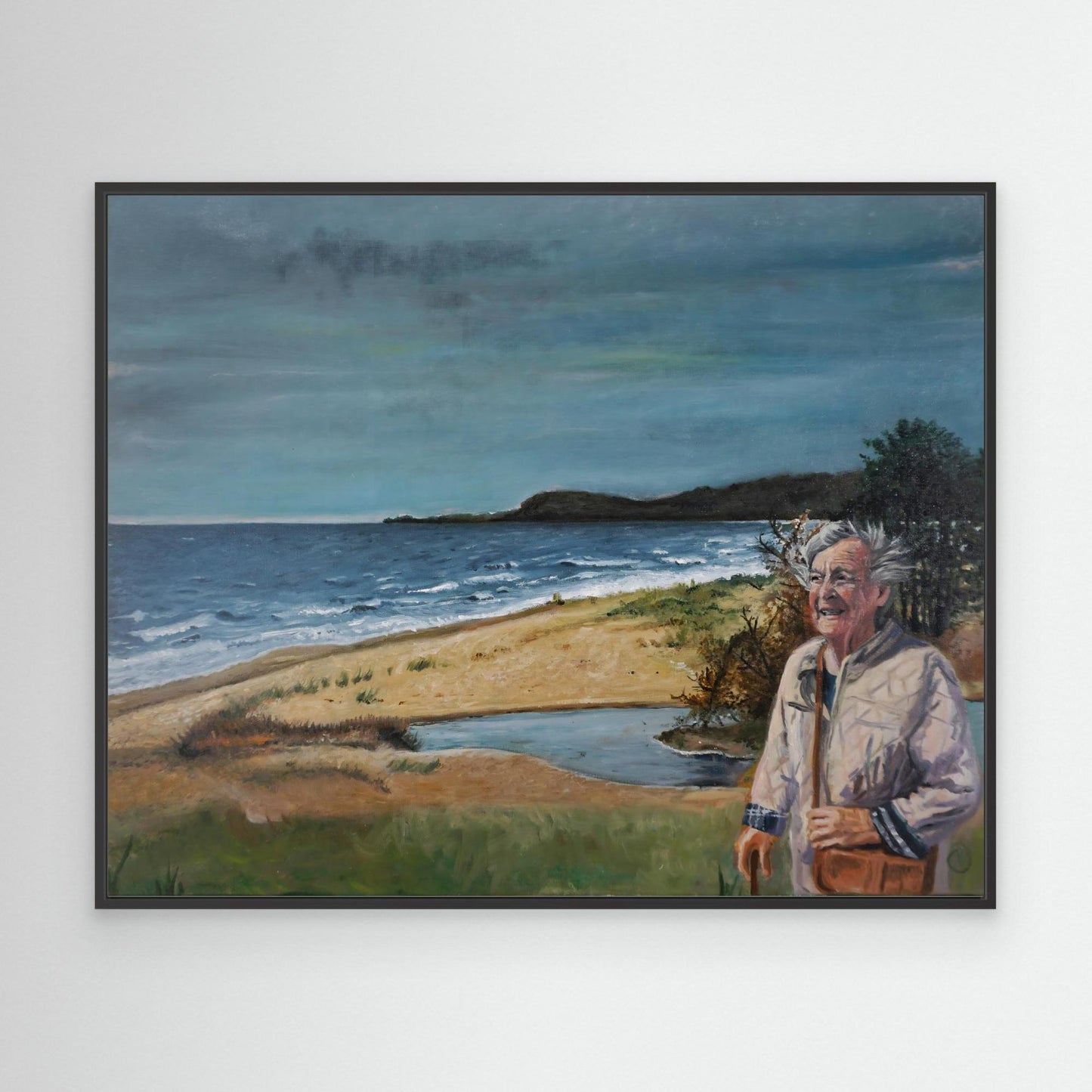 Original oil painting of happy elderly woman walking by the sea, Scandinavian coastline, figurative art by Vilda Rosenblad.