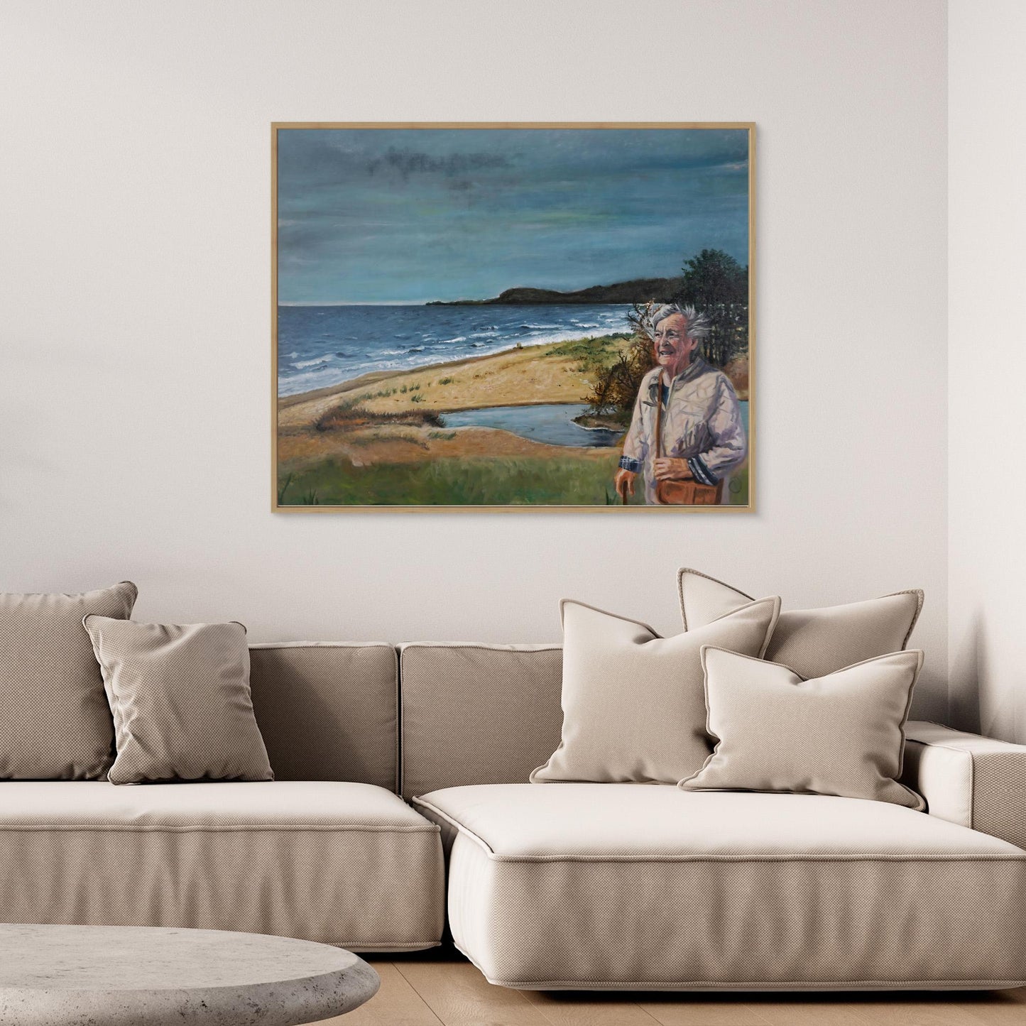 Original oil painting of happy elderly woman walking by the sea, Scandinavian coastline, figurative art by Vilda Rosenblad.