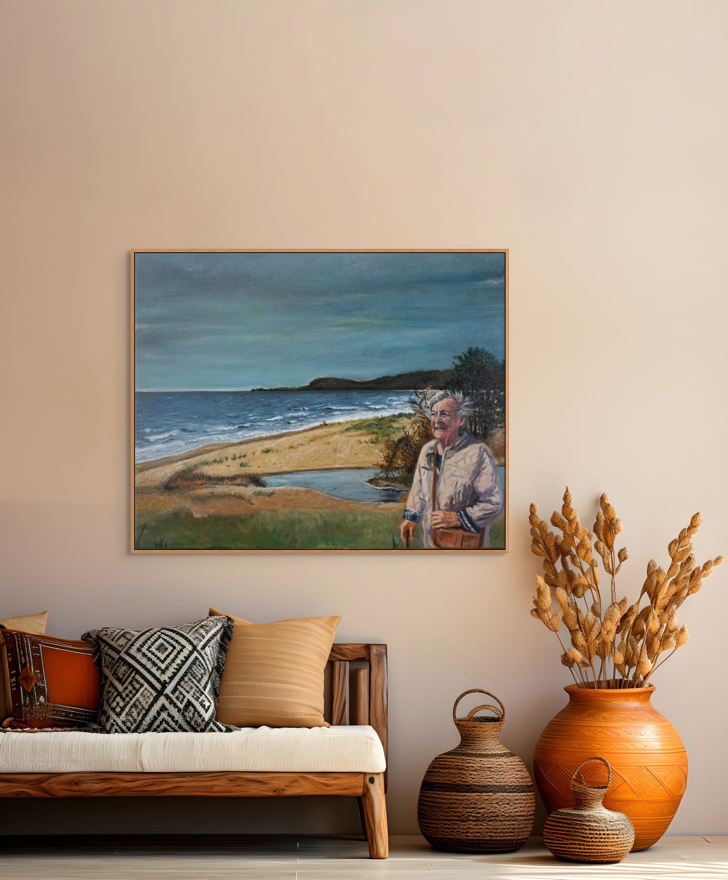 Original oil painting of happy elderly woman walking by the sea, Scandinavian coastline, figurative art by Vilda Rosenblad.