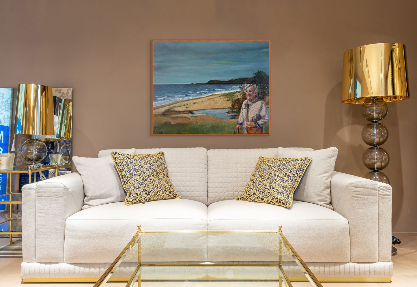 Original oil painting of happy elderly woman walking by the sea, Scandinavian coastline, figurative art by Vilda Rosenblad.