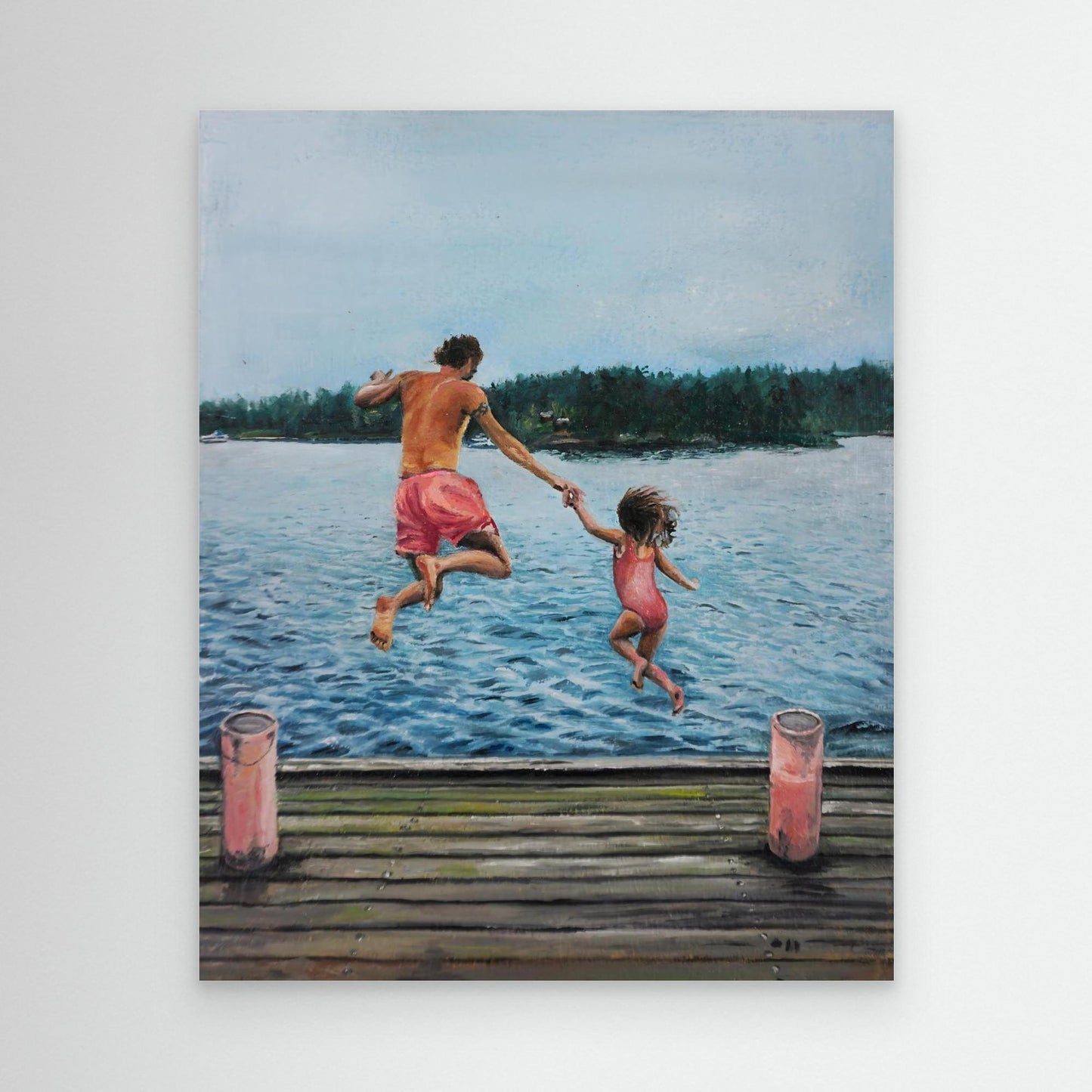 Hopp Father and daughter jumping into a lake from dock, Scandinavian figurative oil painting by Vilda Rosenblad.