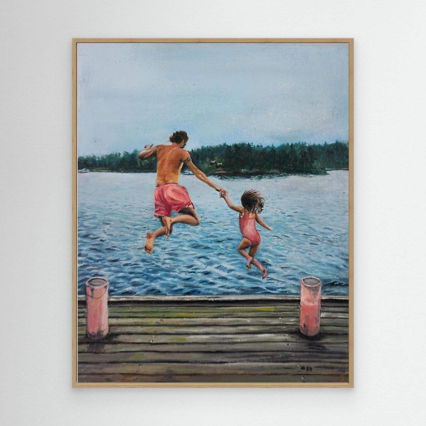 Hopp Father and daughter jumping into a lake from dock, Scandinavian figurative oil painting by Vilda Rosenblad.