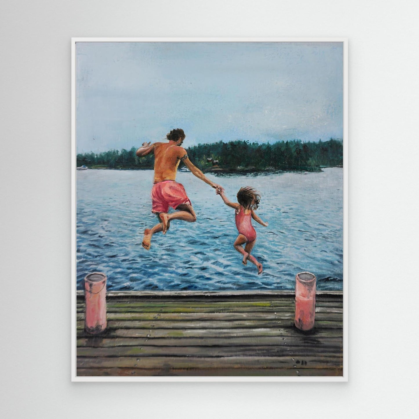 Hopp - Father and daughter jumping into a lake from dock, Scandinavian figurative oil painting by Vilda Rosenblad.