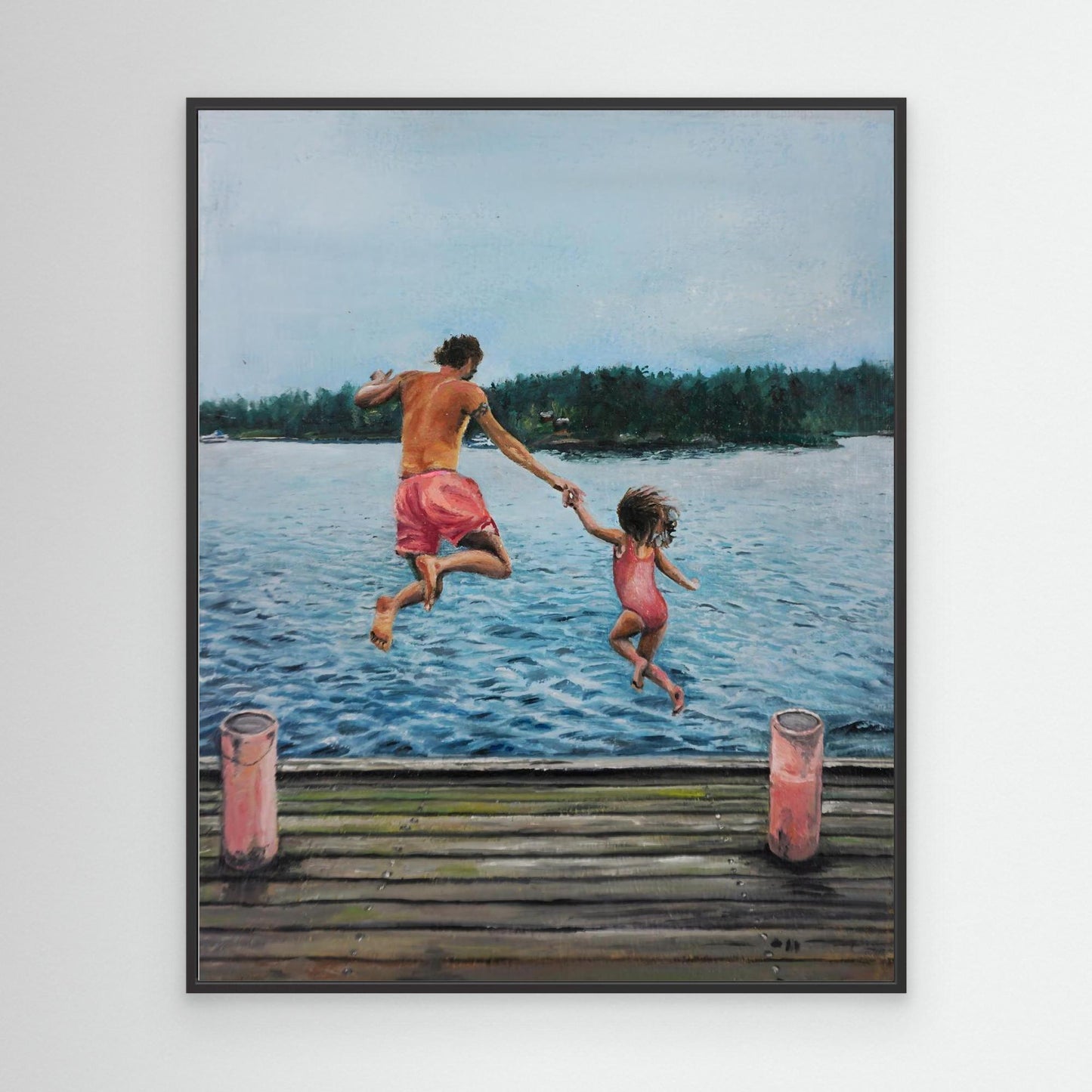 Hopp - Father and daughter jumping into a lake from dock, Scandinavian figurative oil painting by Vilda Rosenblad.