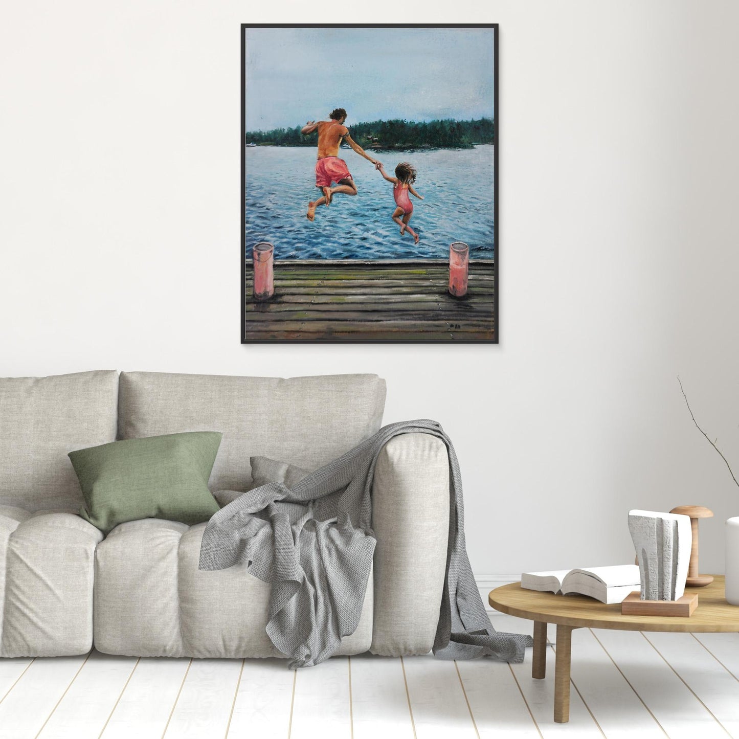 Hopp - Father and daughter jumping into a lake from dock, Scandinavian figurative oil painting by Vilda Rosenblad.