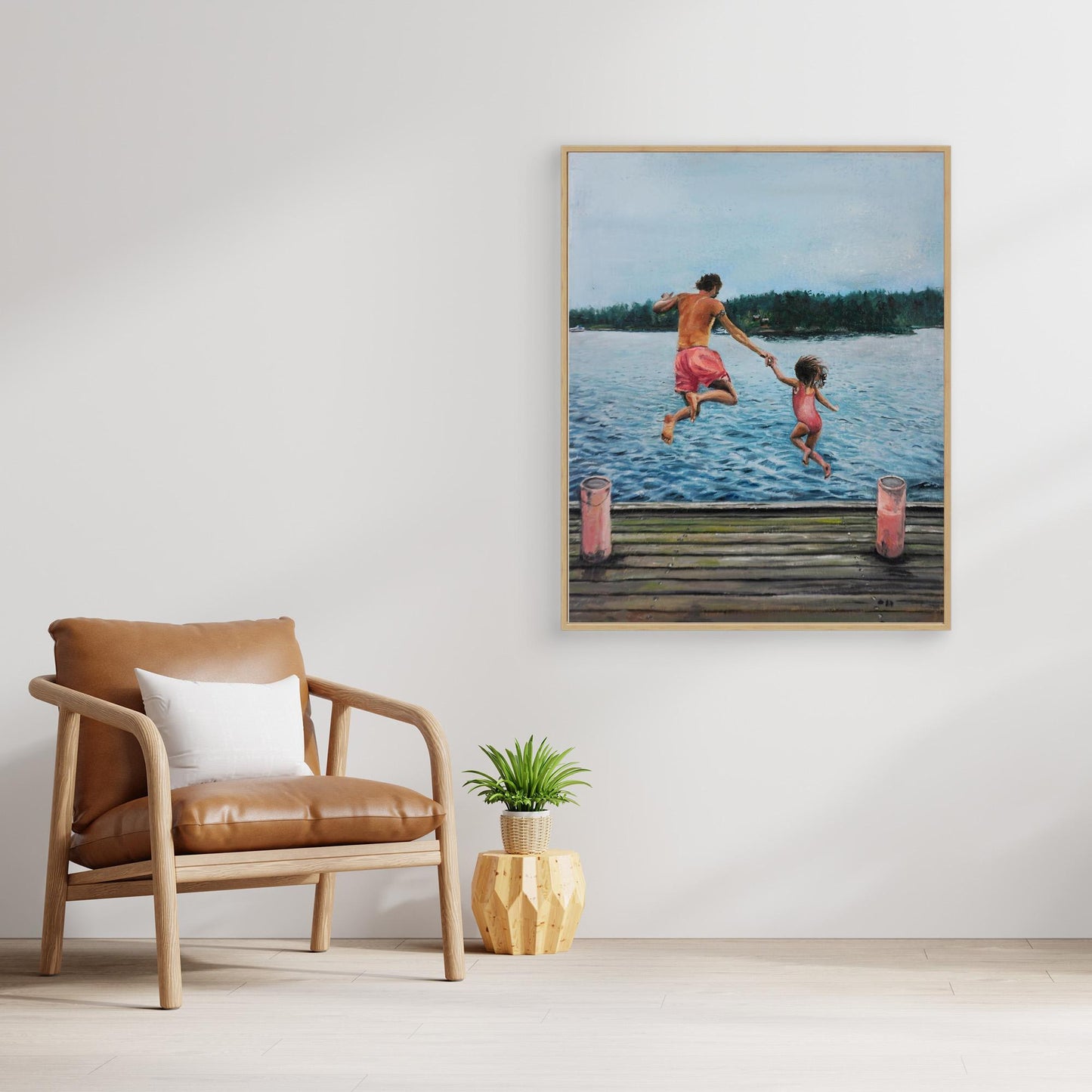 Hopp - Father and daughter jumping into a lake from dock, Scandinavian figurative oil painting by Vilda Rosenblad.