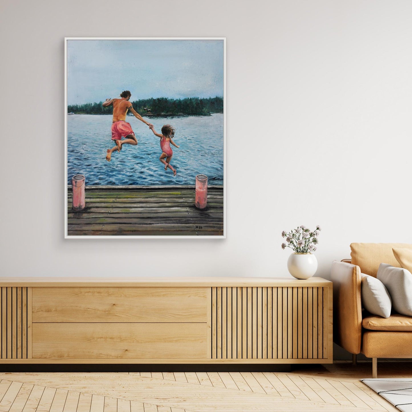 Hopp - Father and daughter jumping into a lake from dock, Scandinavian figurative oil painting by Vilda Rosenblad.