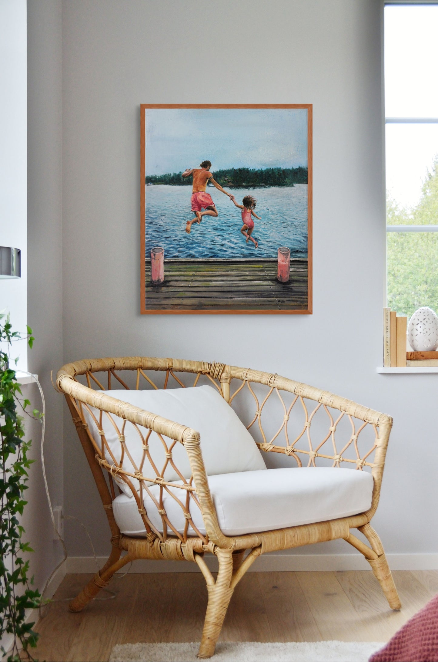 Father and daughter jumping into a lake from dock, Scandinavian figurative oil painting by Vilda Rosenblad.