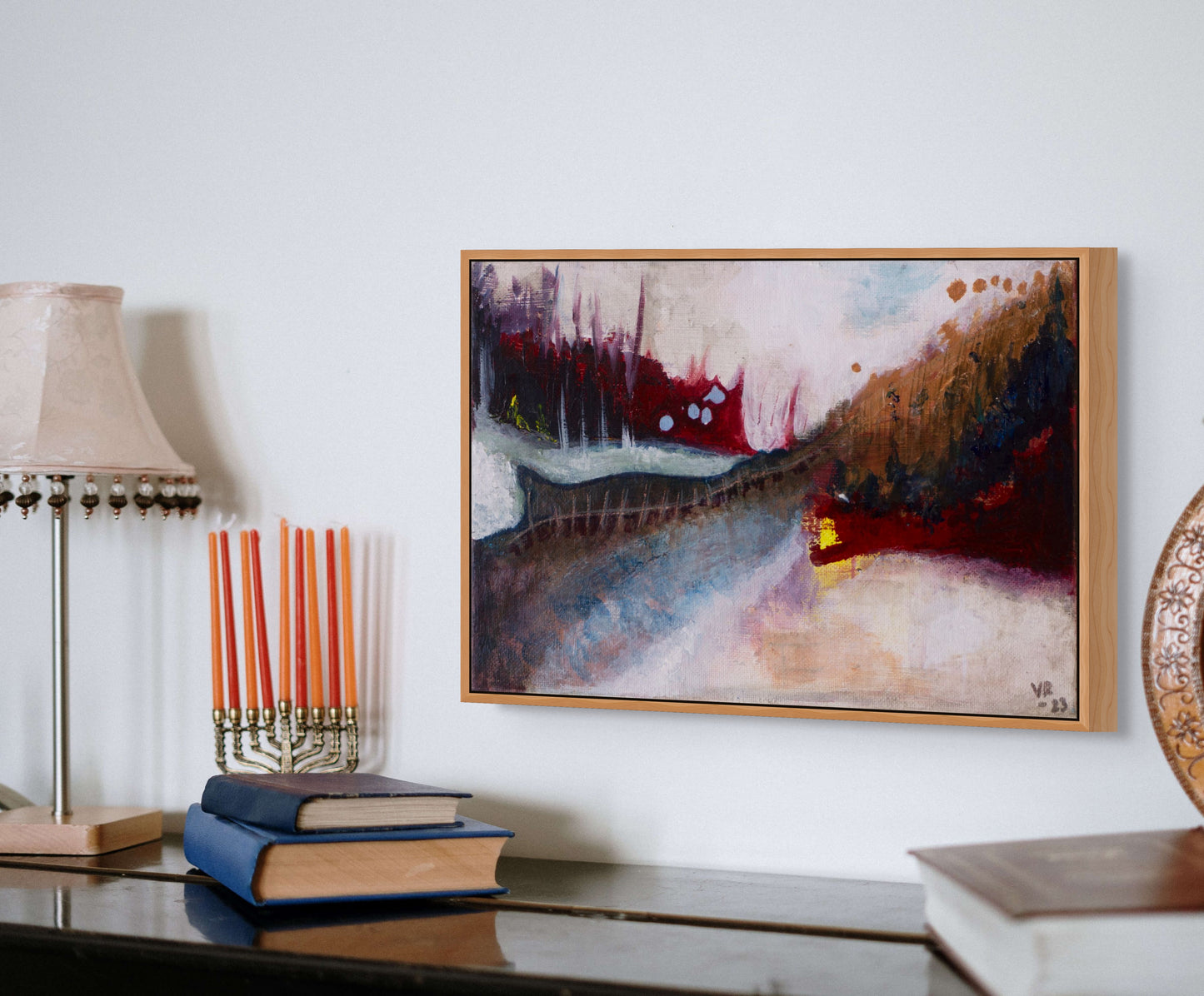 Small abstract acrylic landscape in earthy tones, evoking a forest and moody path, painted by Swedish artist Vilda Rosenblad.