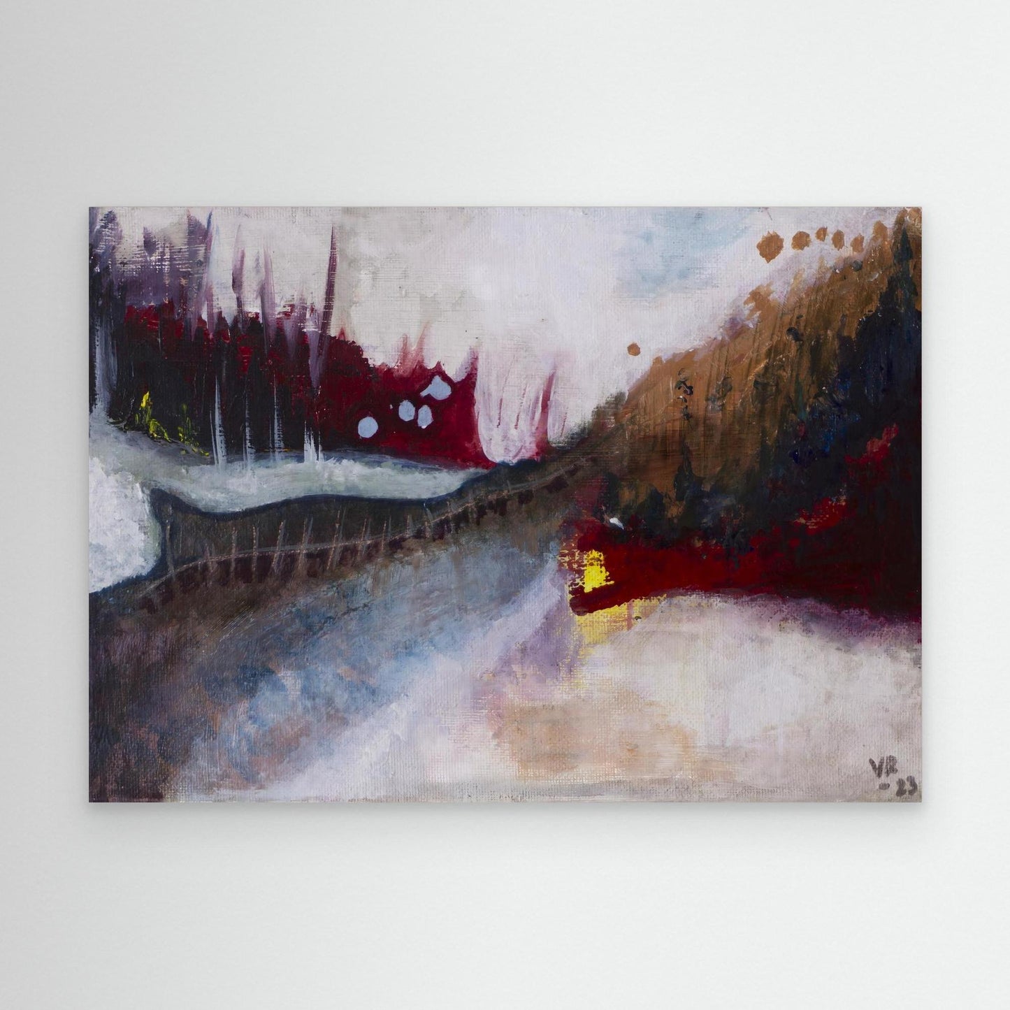 Small abstract acrylic landscape in earthy tones, evoking a forest and moody path, painted by Swedish artist Vilda Rosenblad.