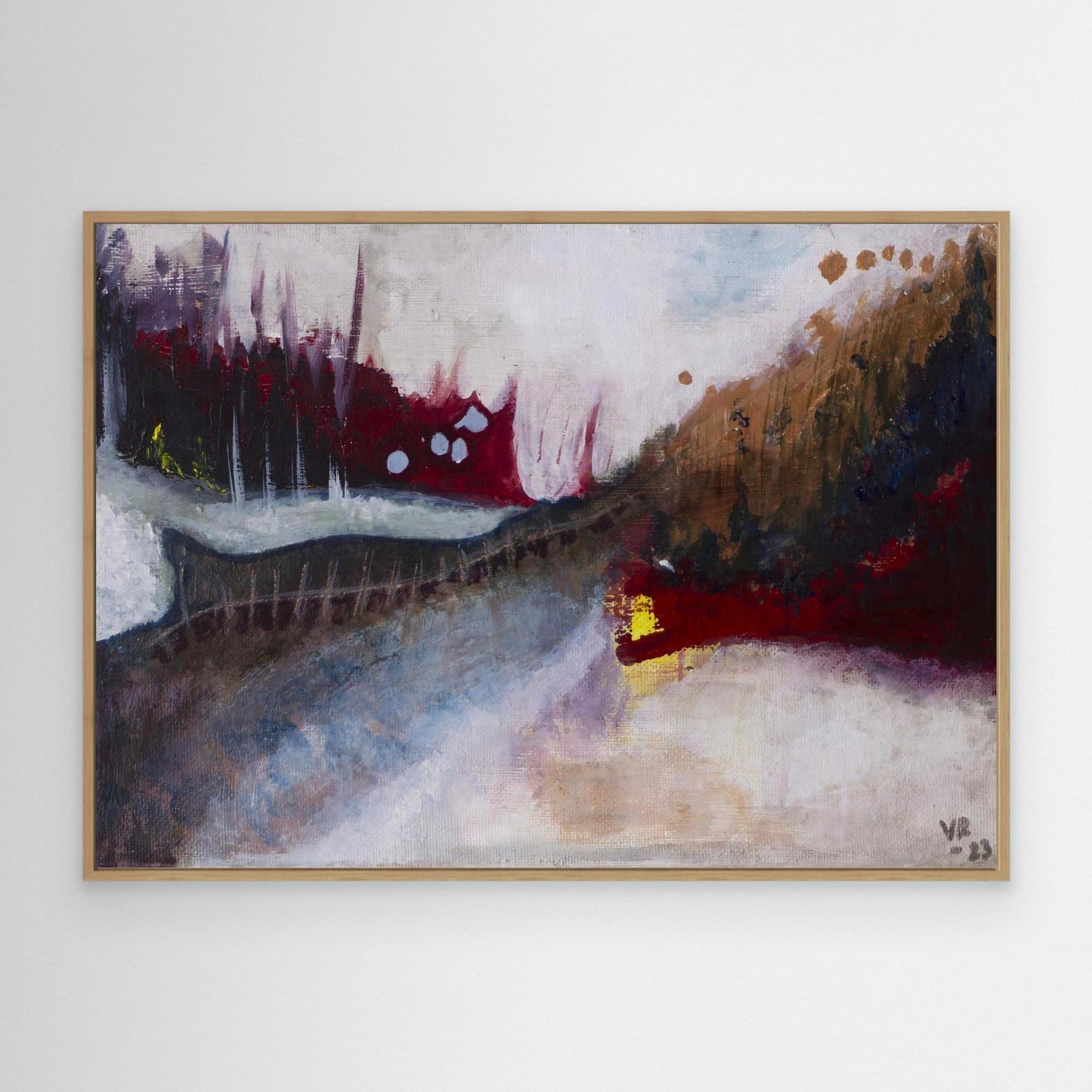 Small abstract acrylic landscape in earthy tones, evoking a forest and moody path, painted by Swedish artist Vilda Rosenblad.