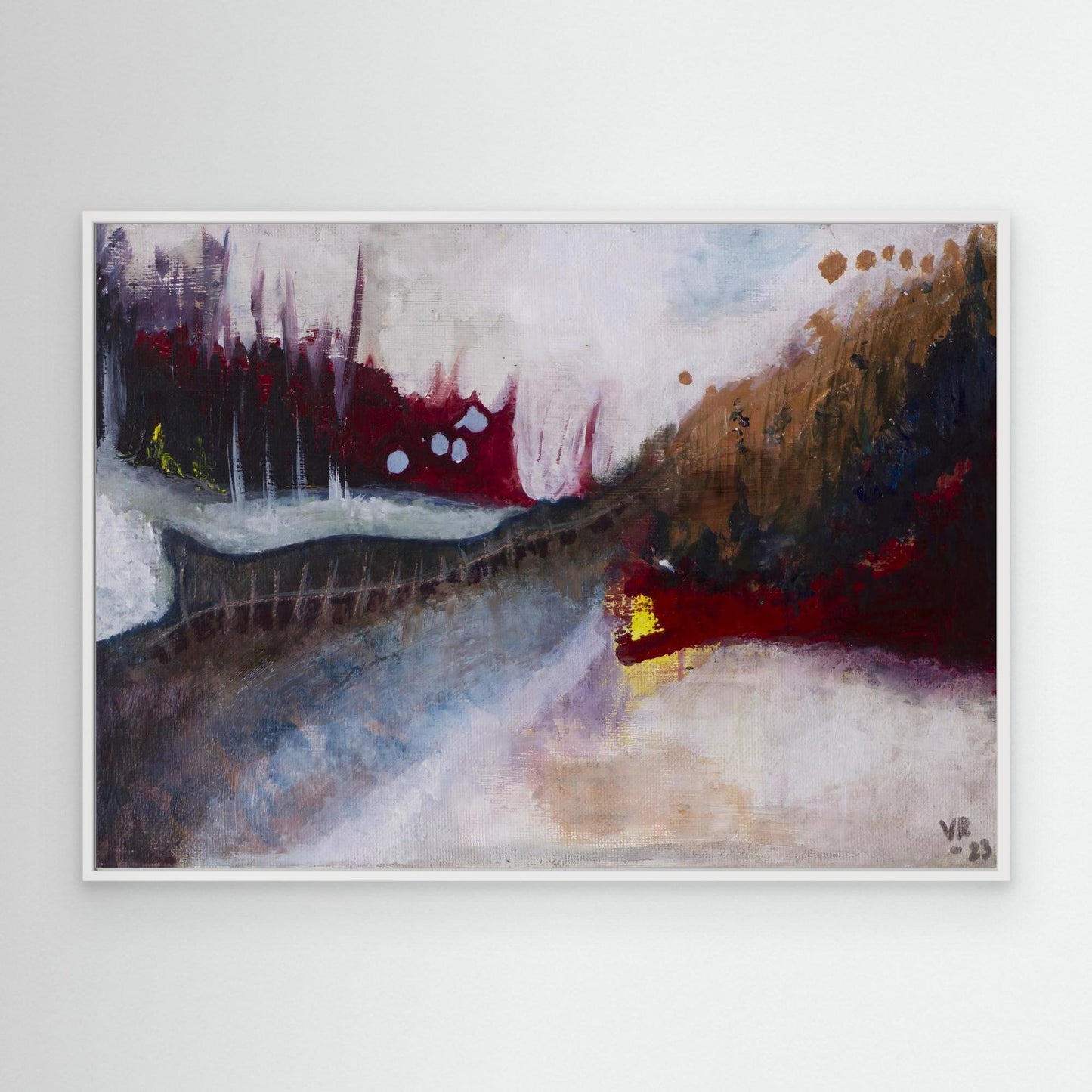 Small abstract acrylic landscape in earthy tones, evoking a forest and moody path, painted by Swedish artist Vilda Rosenblad.