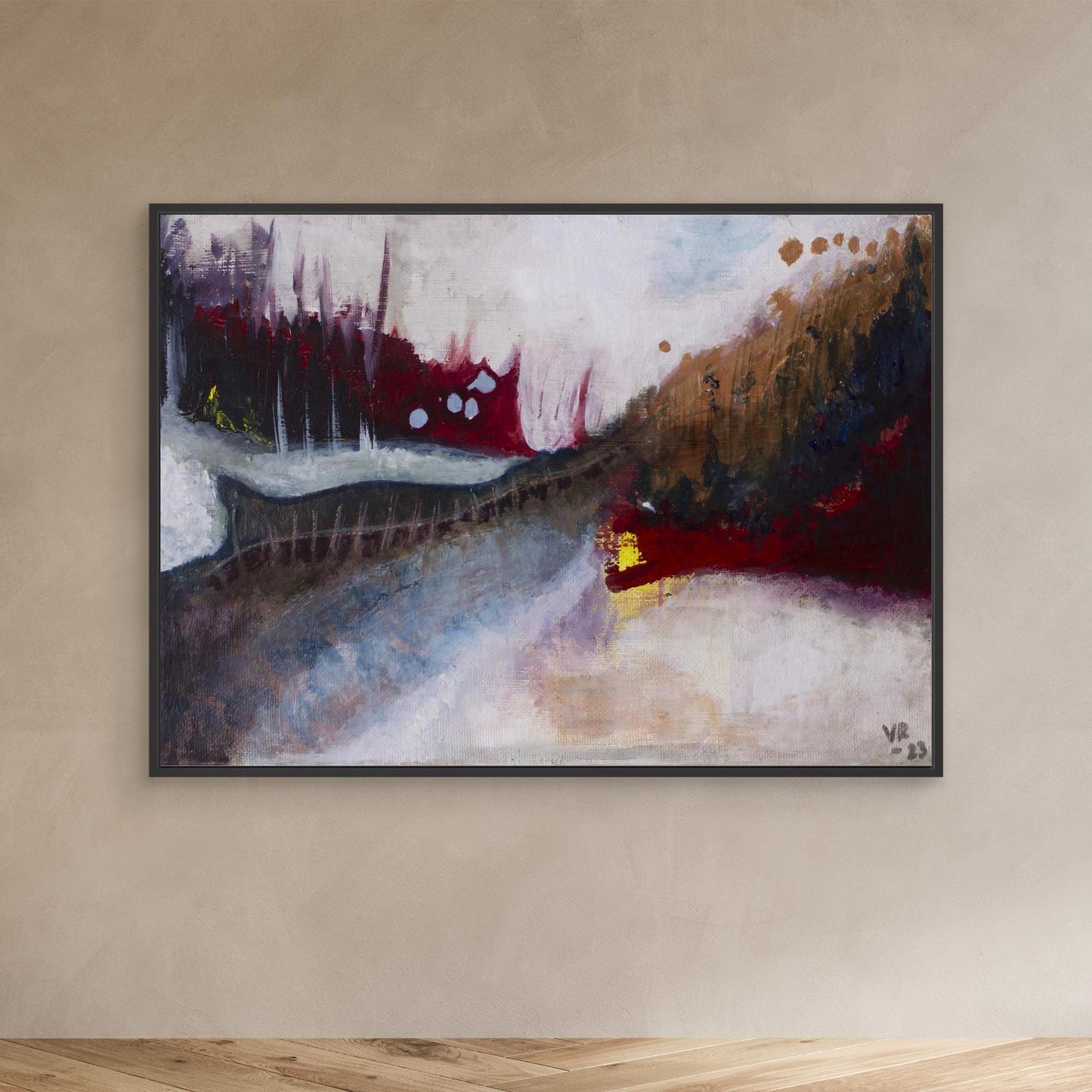 Small abstract acrylic landscape in earthy tones, evoking a forest and moody path, painted by Swedish artist Vilda Rosenblad.