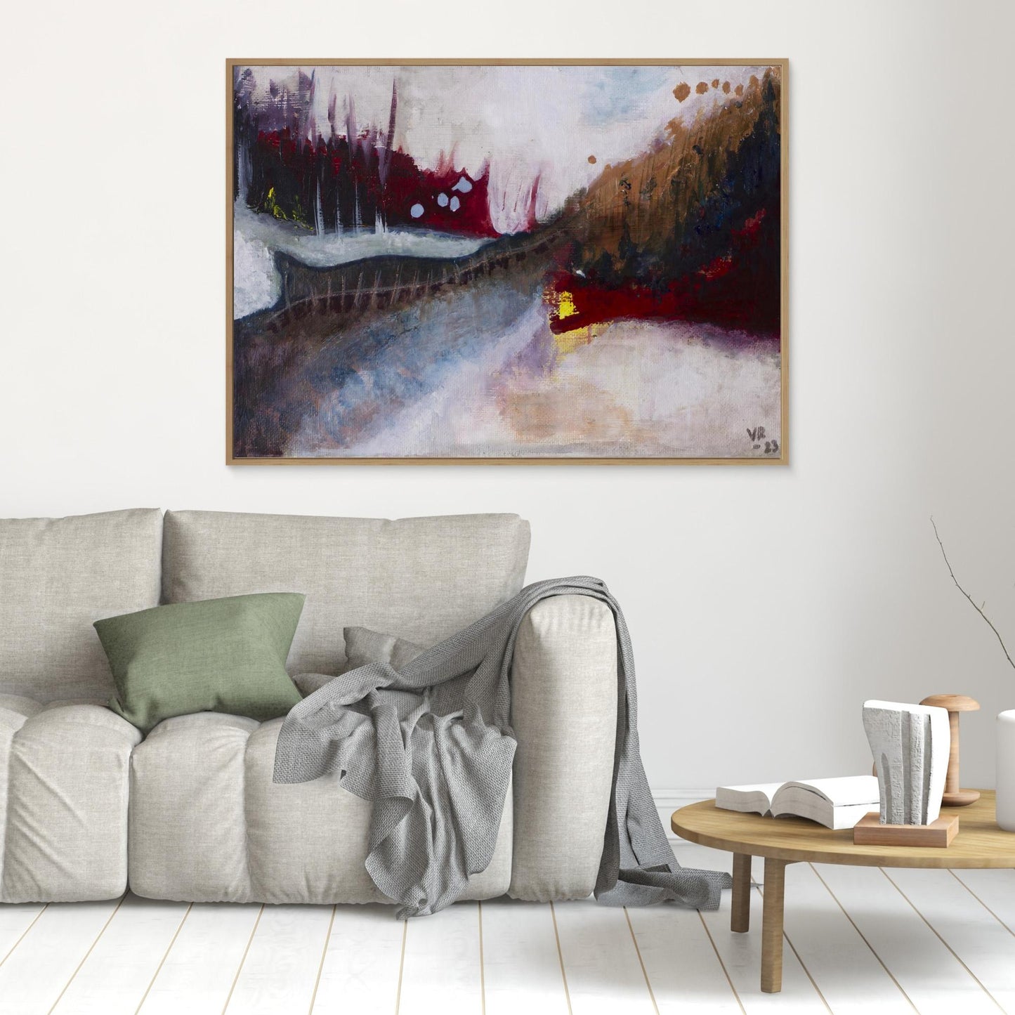 Small abstract acrylic landscape in earthy tones, evoking a forest and moody path, painted by Swedish artist Vilda Rosenblad.