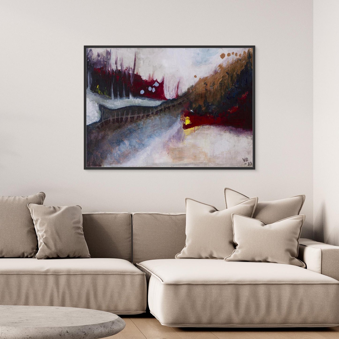 Small abstract acrylic landscape in earthy tones, evoking a forest and moody path, painted by Swedish artist Vilda Rosenblad.